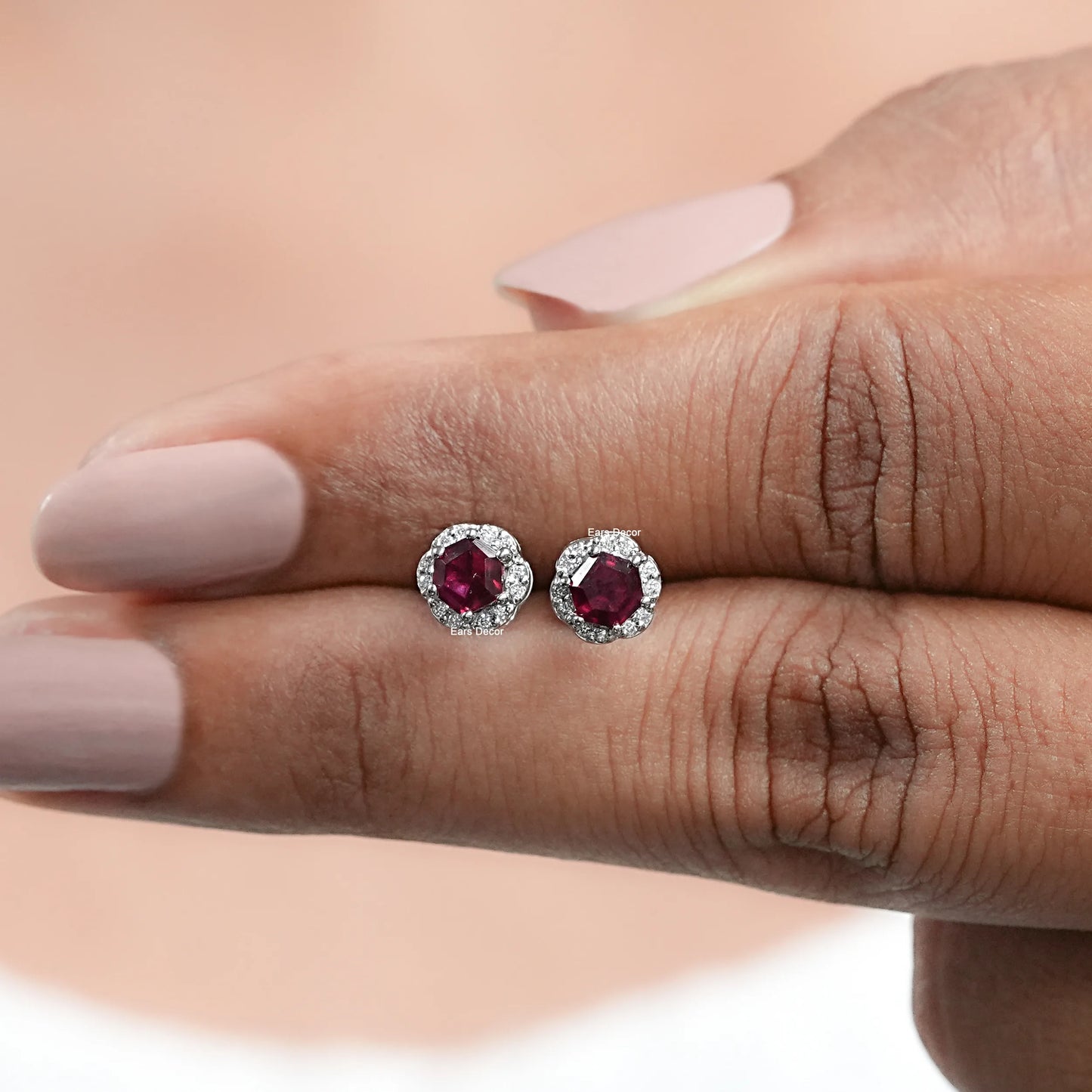 Hexagon Cut Ruby Gemstone Halo Stud Earrings