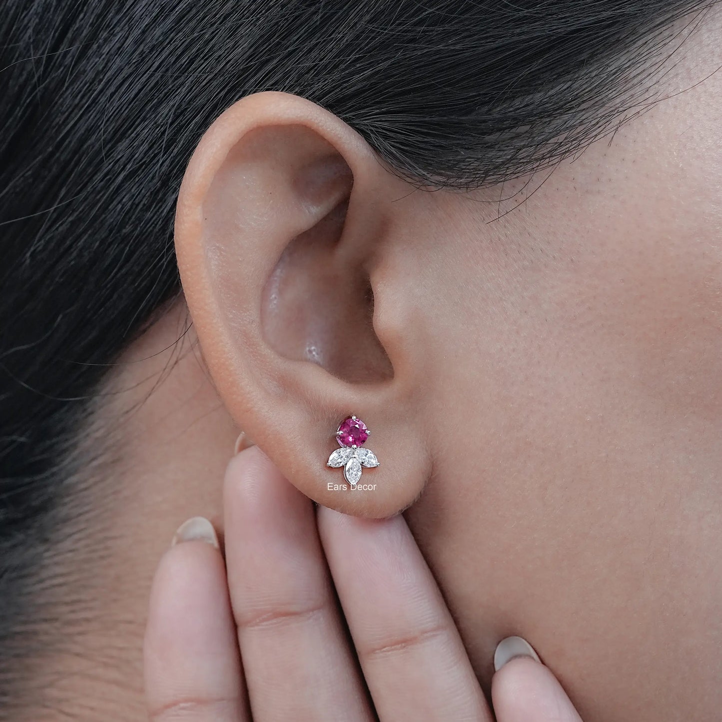 Ruby Round And Pear Diamond Stud Earrings