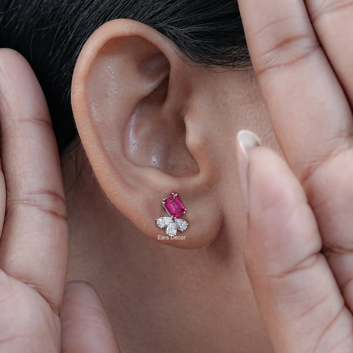 Ruby Emerald And Pear Lab Diamond Stud Earrings