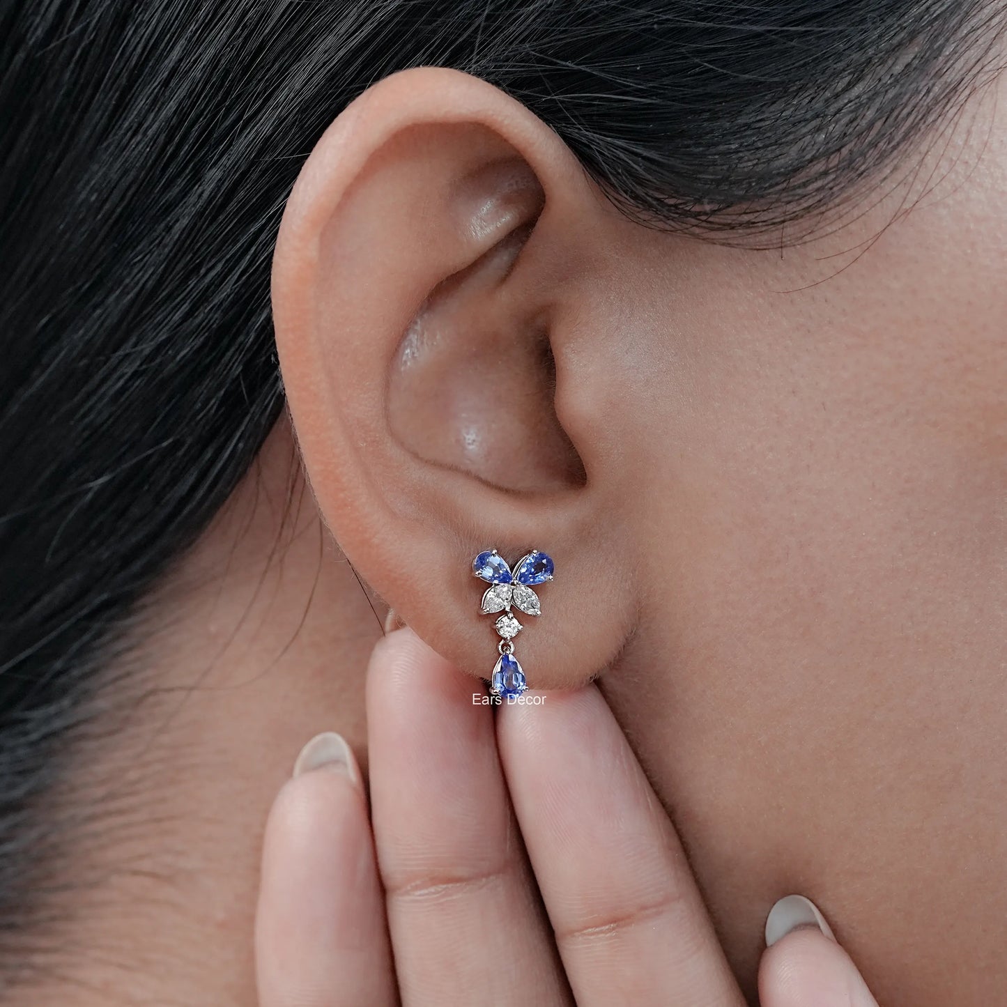 Sapphire Pear And Lab Diamond Dangle Earrings