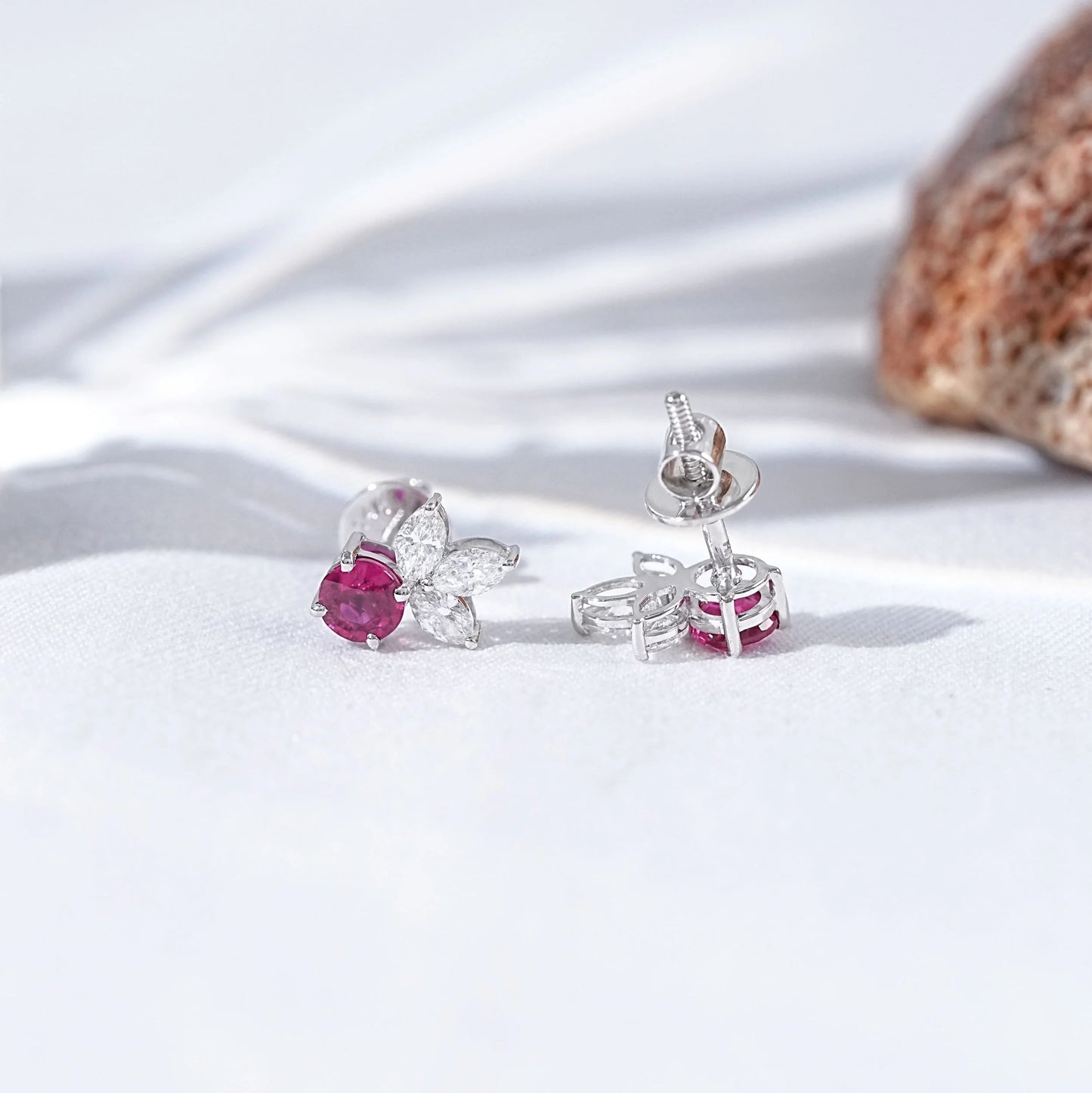Ruby Round And Pear Diamond Stud Earrings