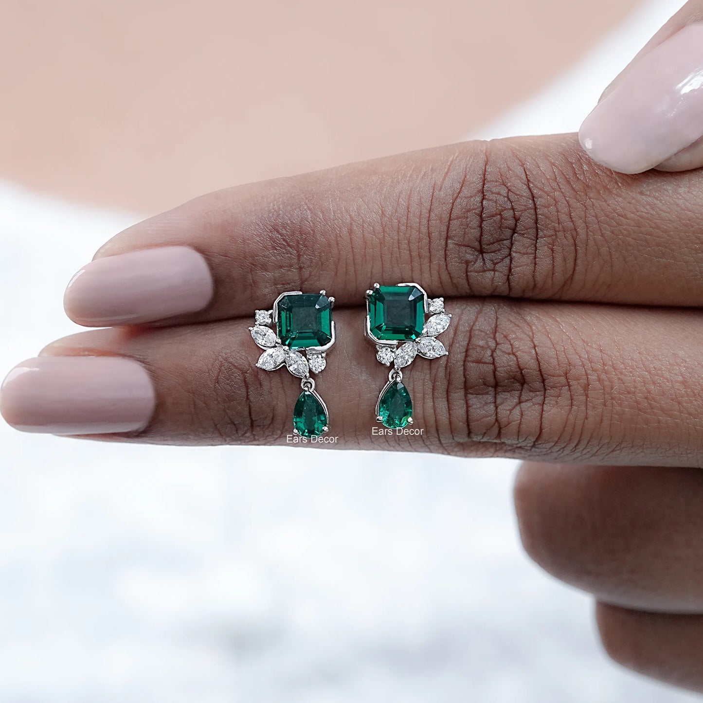 Green Asscher Gemstone And Marquise Diamond Drop Earrings