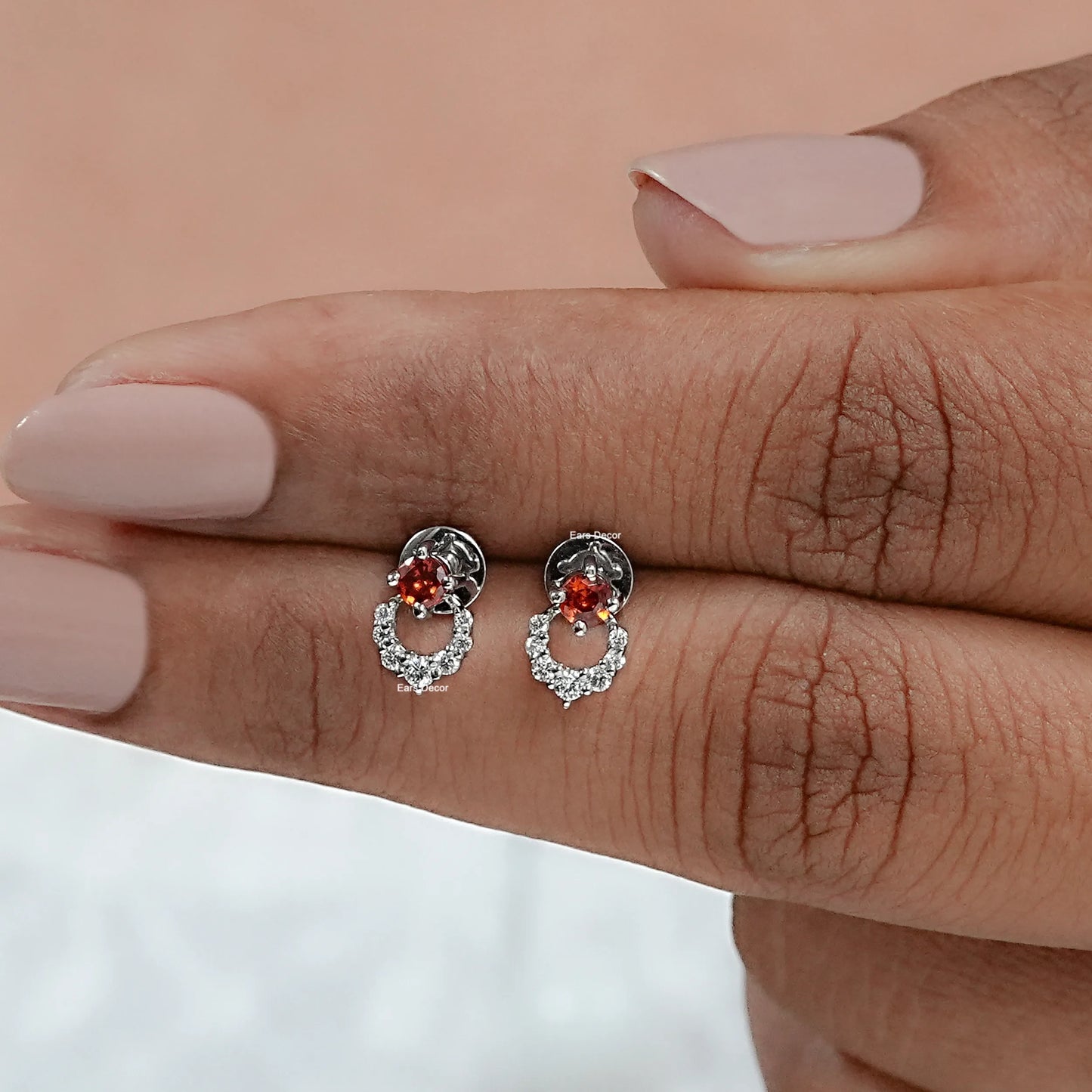 Round Ruby Gemstone And Diamond Drop Earrings