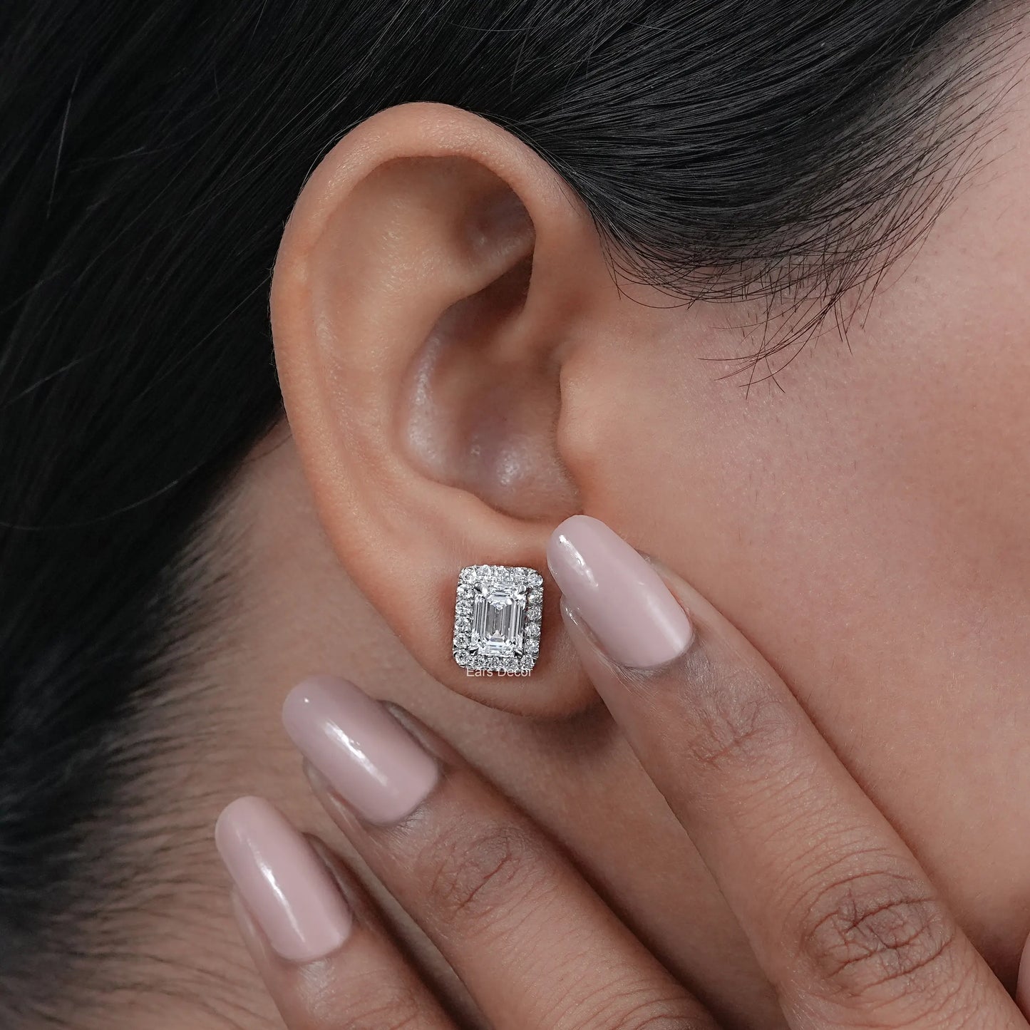 Emerald Cut Lab Diamond Halo Stud Earrings