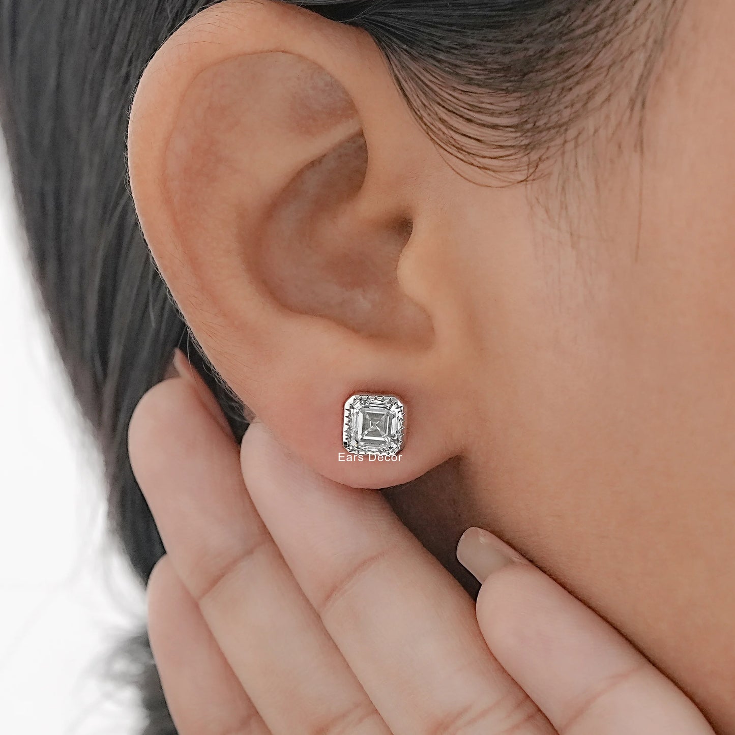 Earth Mined Asscher Cut Diamond Milgrain Stud Earrings