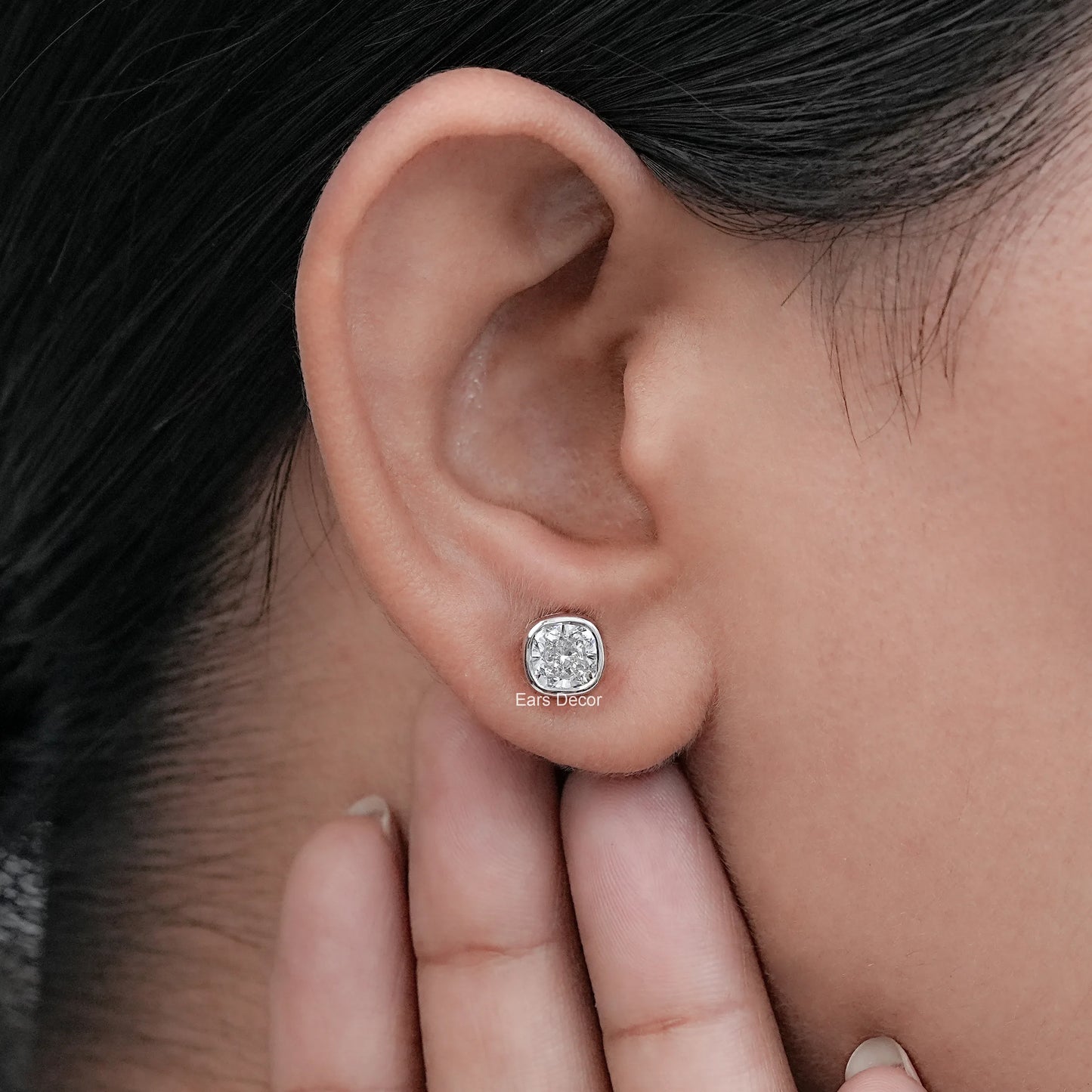 Cushion Cut Earth Mined Diamond Bezel Set Stud