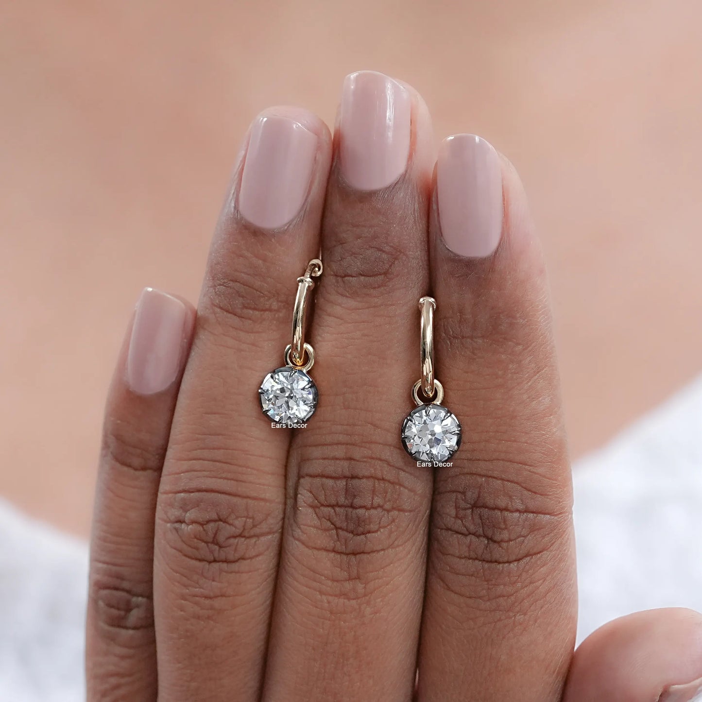 Old European Round Diamond Drop Hoop Earrings