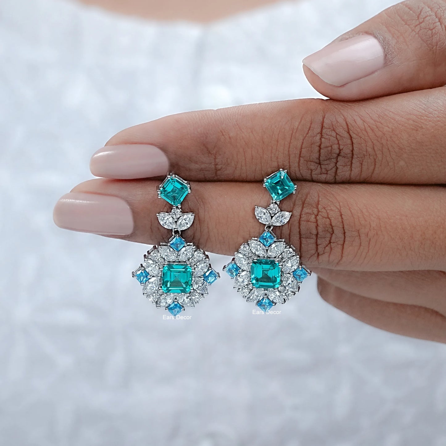 Asscher Paraiba Gemstone Cluster Diamond Drop Earrings