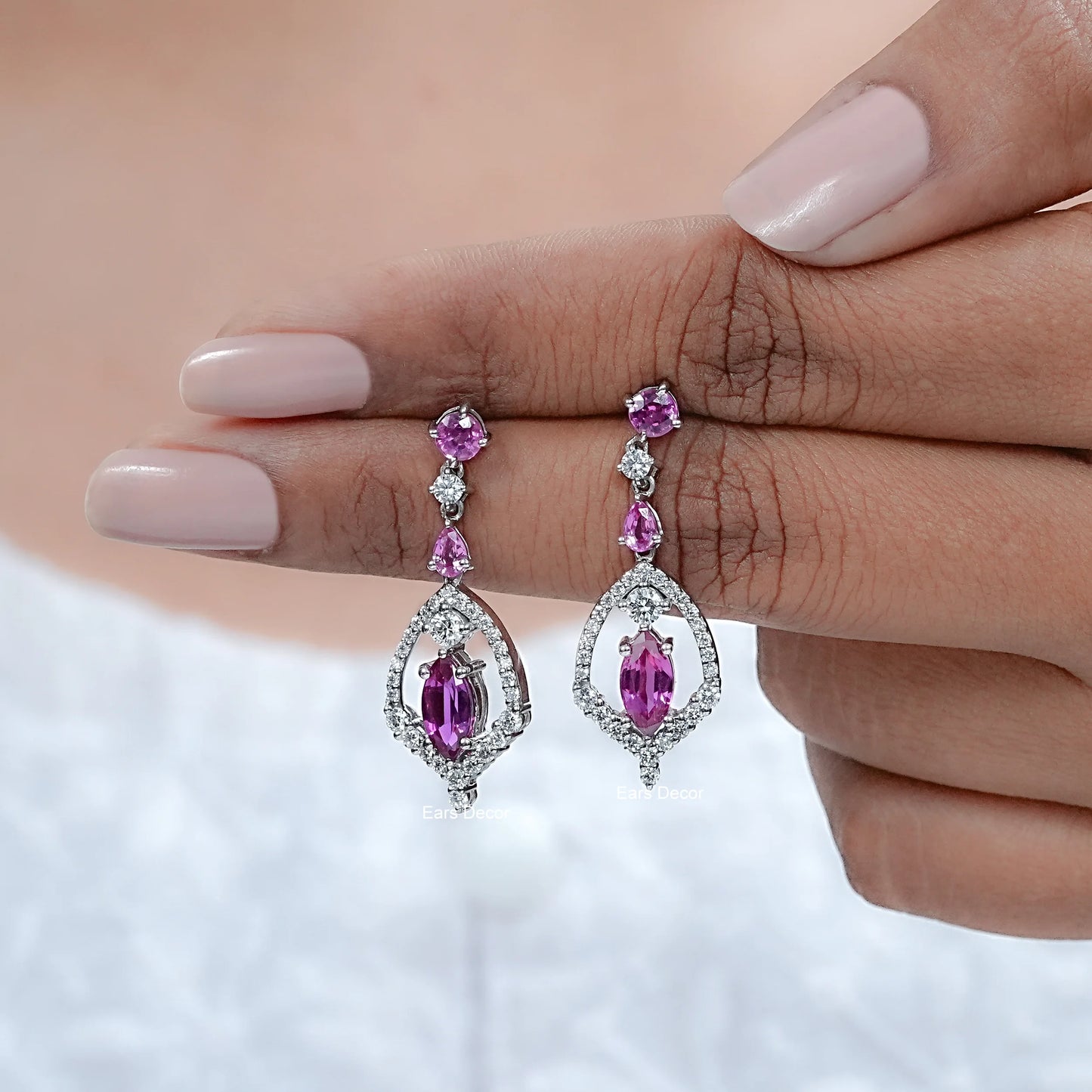 Pink Sapphire Marquise Cluster Diamond Dangle Earrings