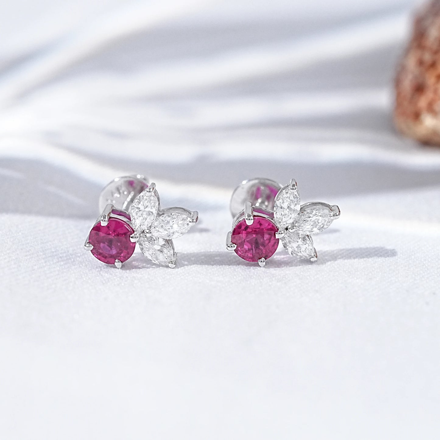 Ruby Round And Pear Diamond Stud Earrings