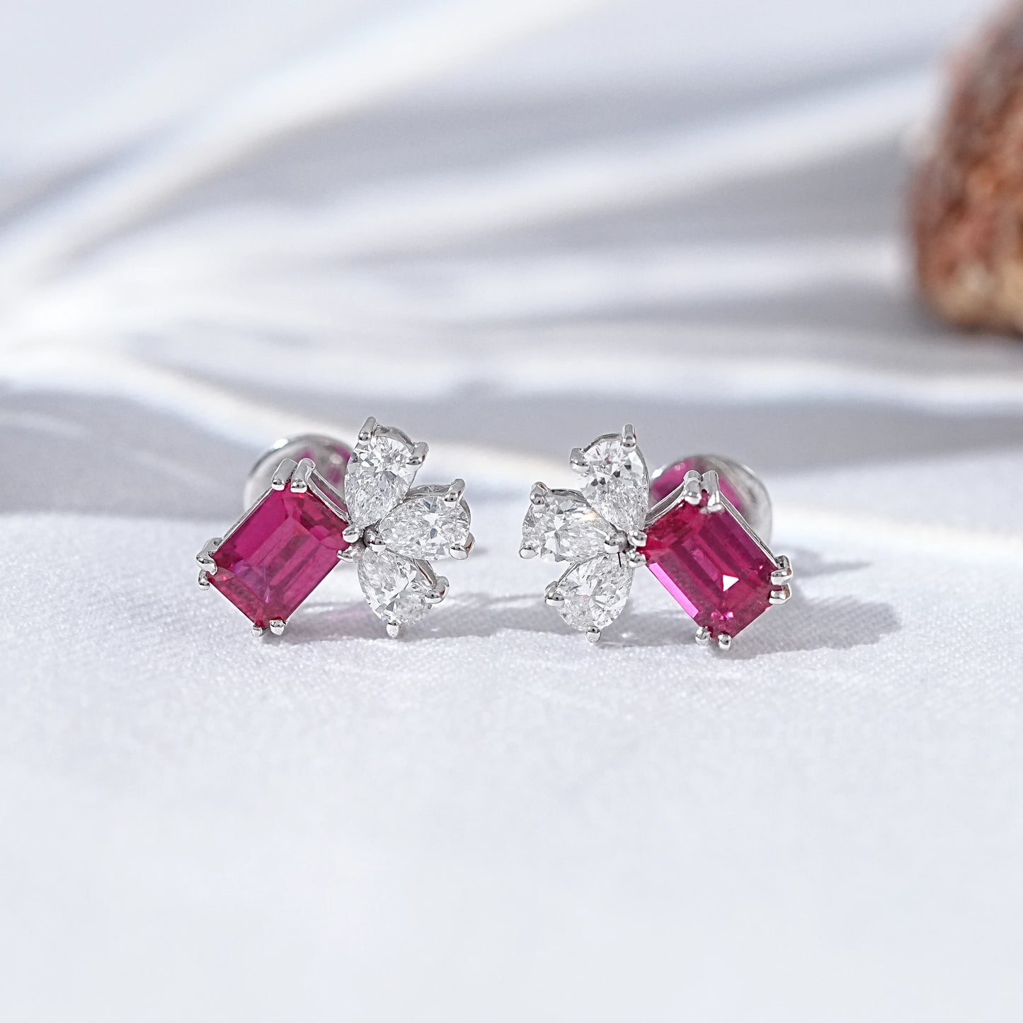 Ruby Emerald And Pear Lab Diamond Stud Earrings
