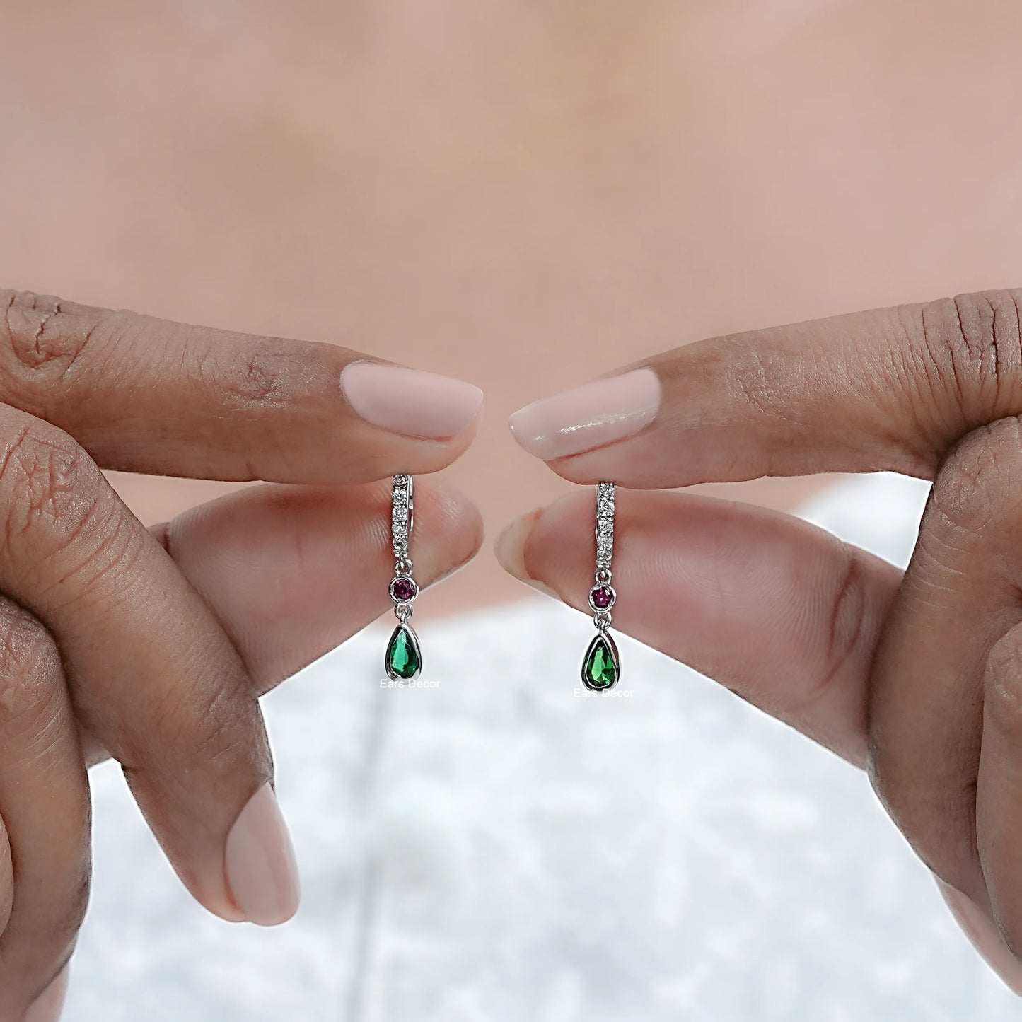 Green Pear and Red Round Gemstone Huggie Hoop Earring