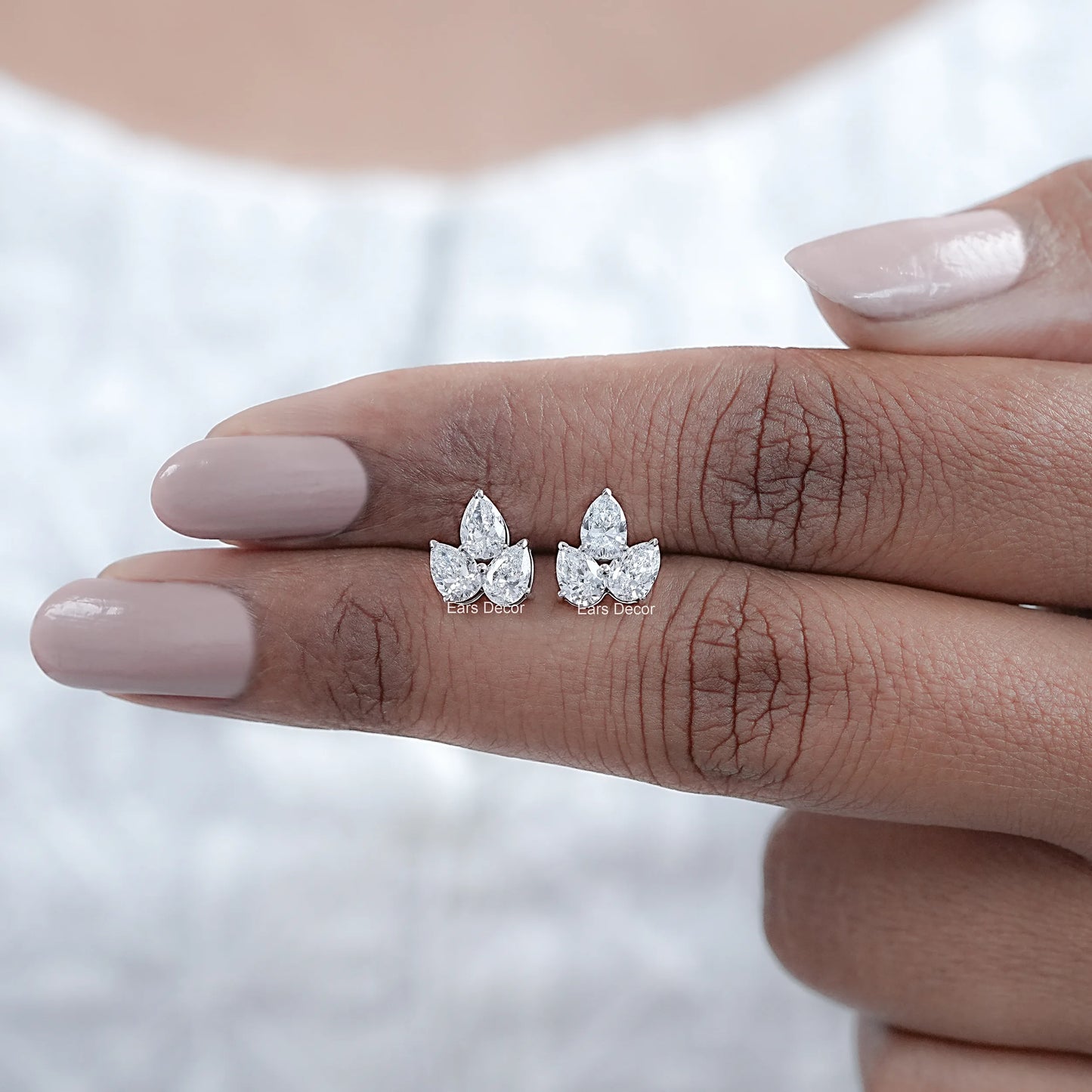 Three Stone Pear Lab Diamond Stud Earrings