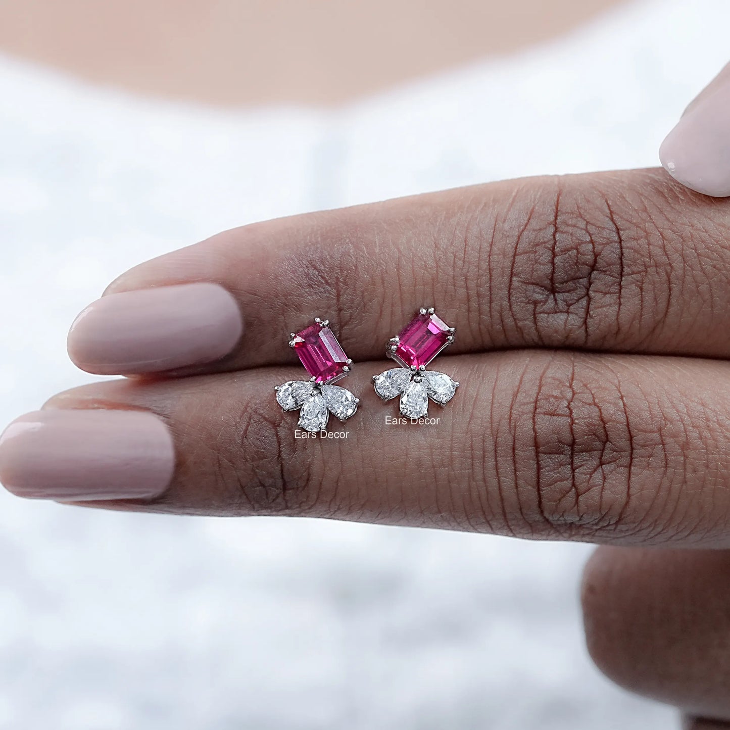 Ruby Emerald And Pear Lab Diamond Stud Earrings