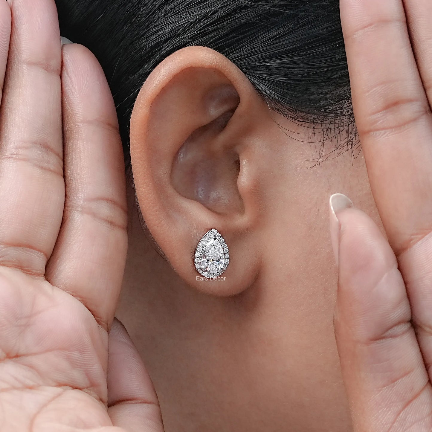 Pear Cut Lab Diamond Halo Stud Earrings