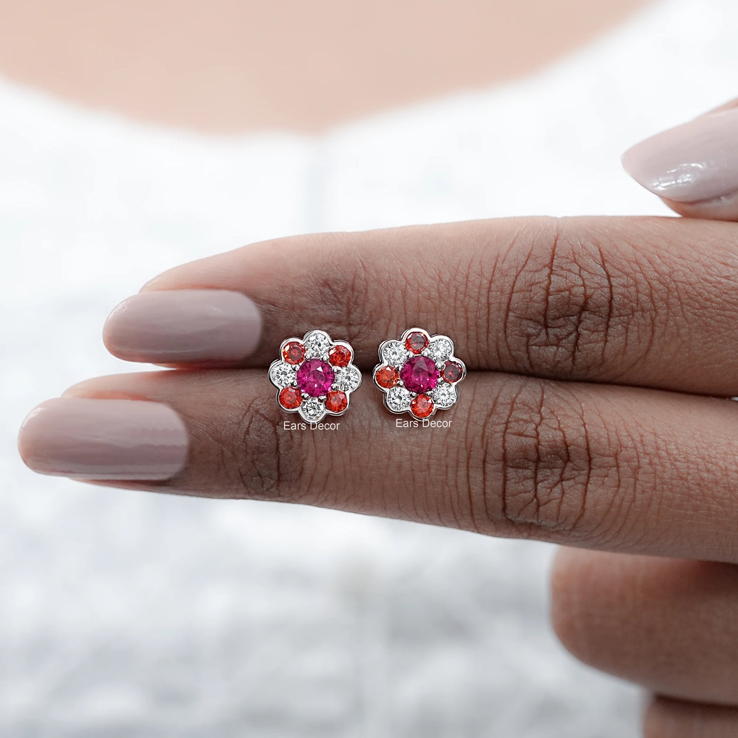Round Ruby Gemstone And Diamond Floral Bezel Stud Earrings