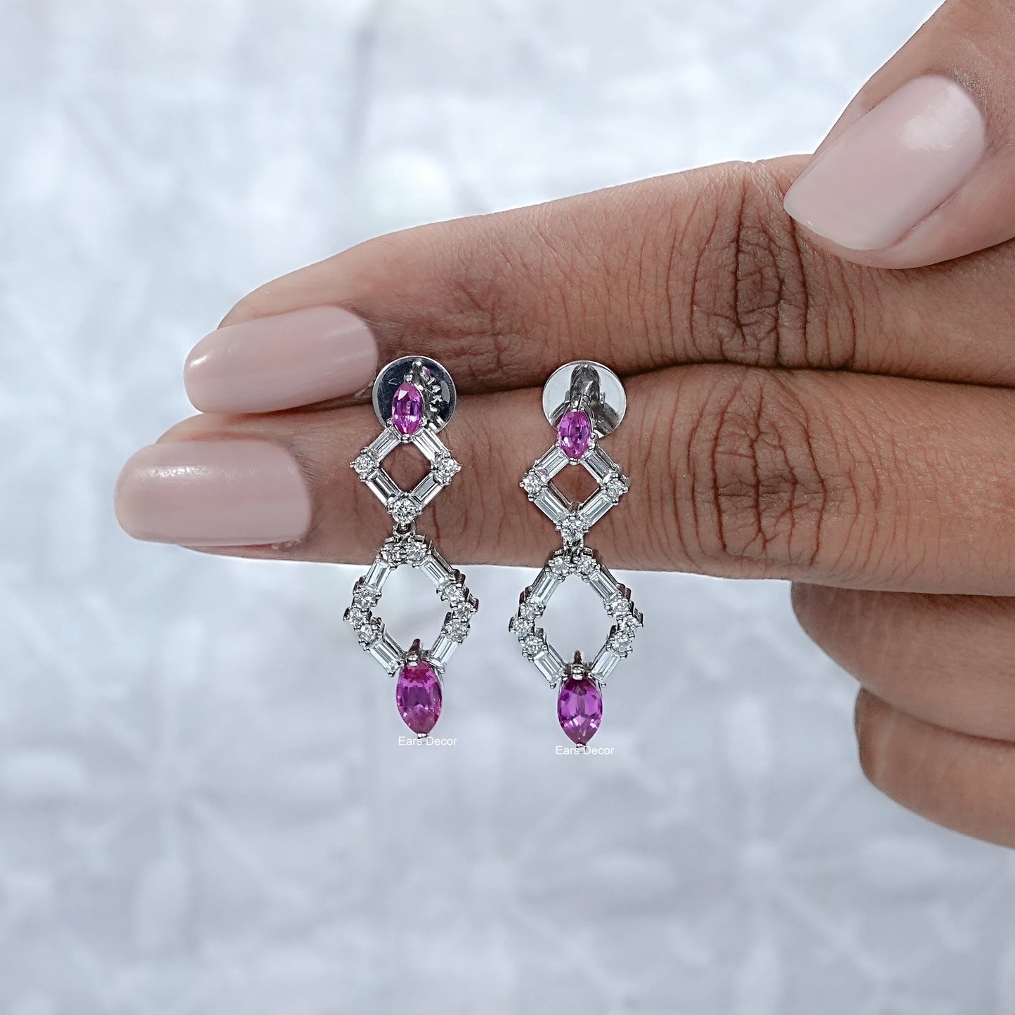 Pink Marquise Gemstone And Diamond Drop Dangle Earrings