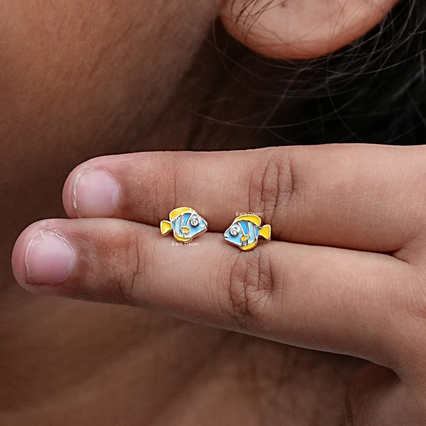 Blue Enamel Tiny Fish Stud Earrings