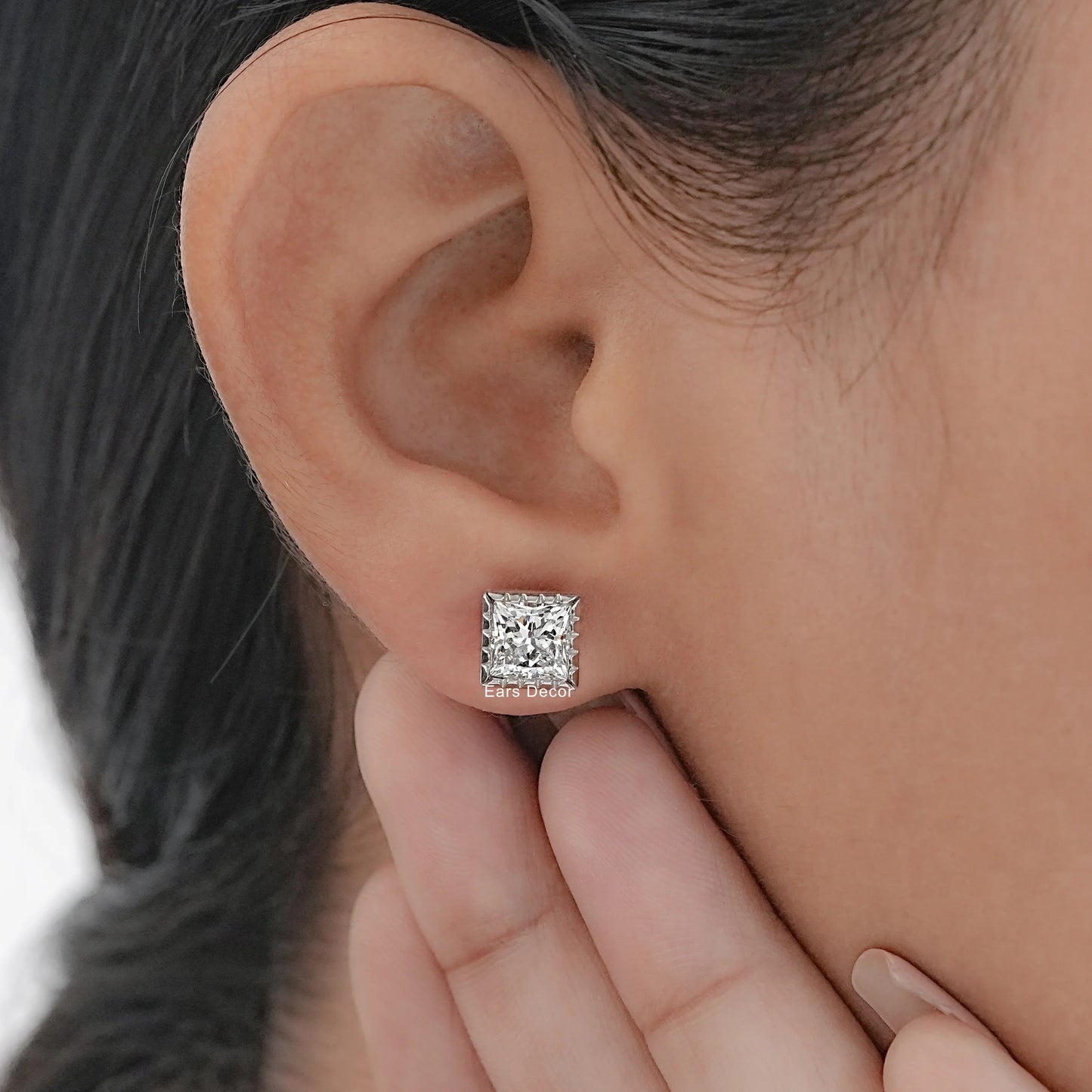 Princess Cut Moissanite Milgrain Set Stud Earrings