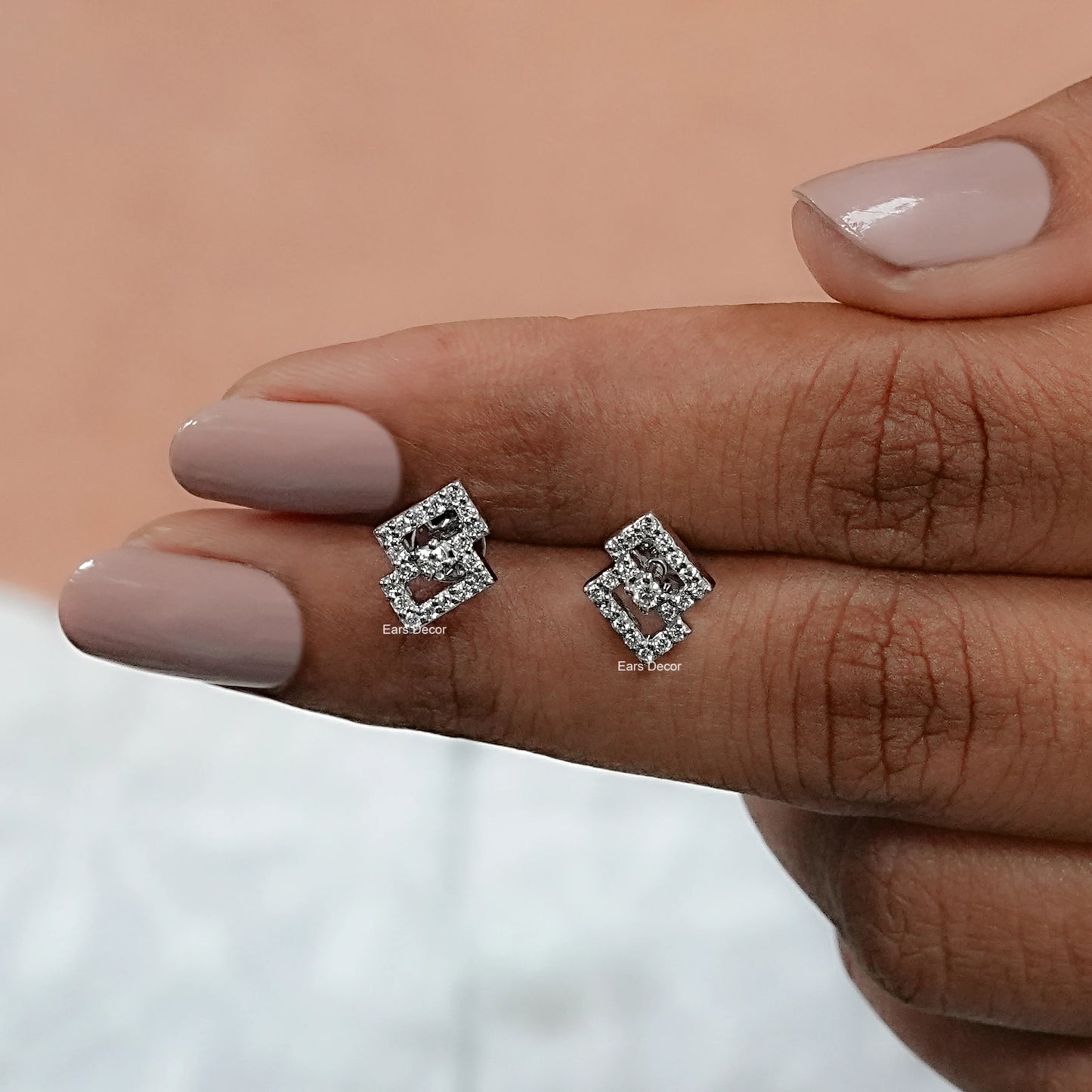 Round Cut Lab Diamond Rectangle Shape Cluster Earrings