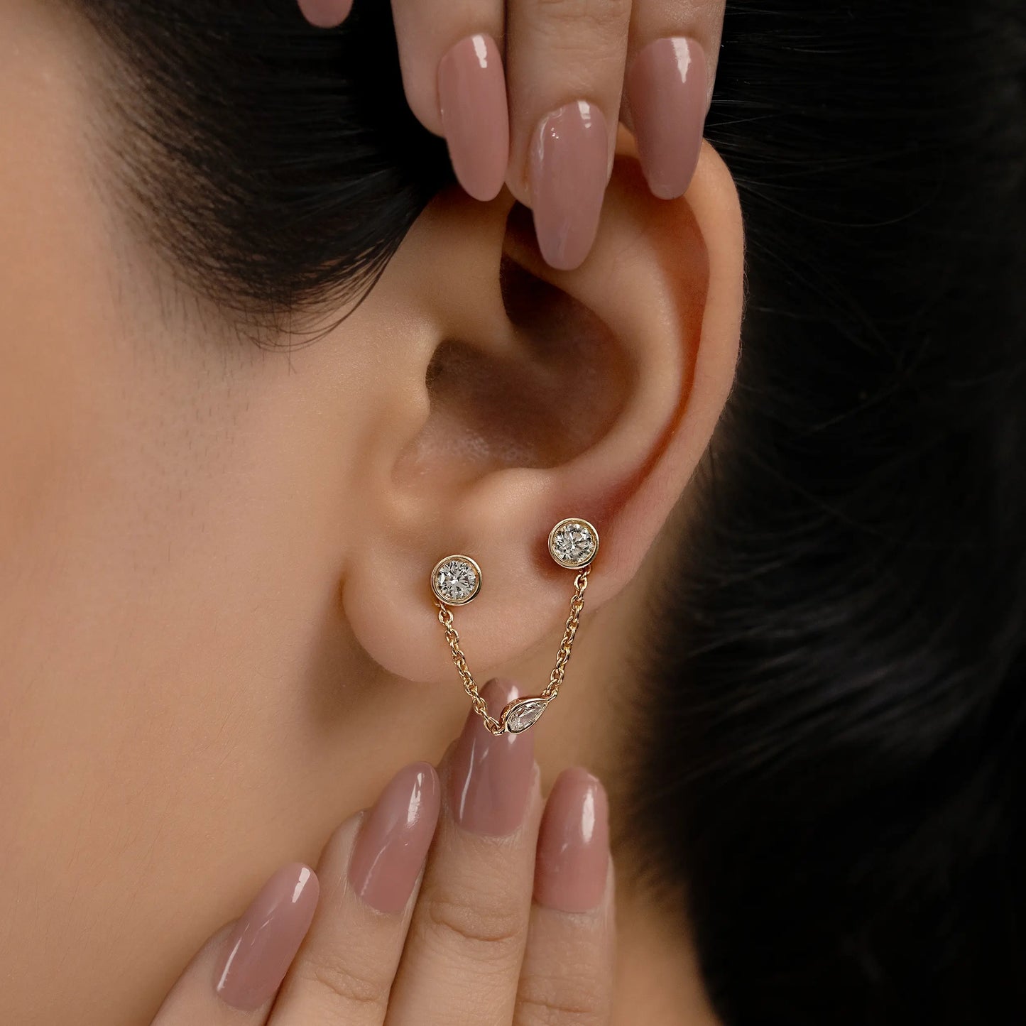 Round Bezel Set Dangling Chain Stud Earrings