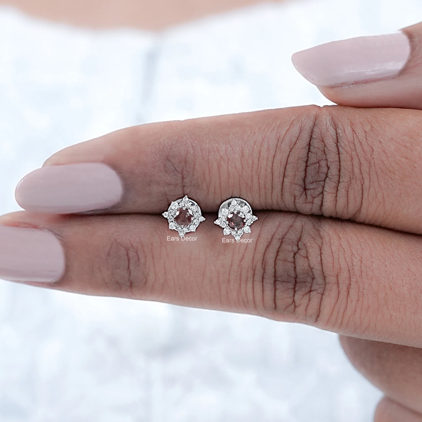 Garnet Gemstone And Diamond Cluster Stud Earrings