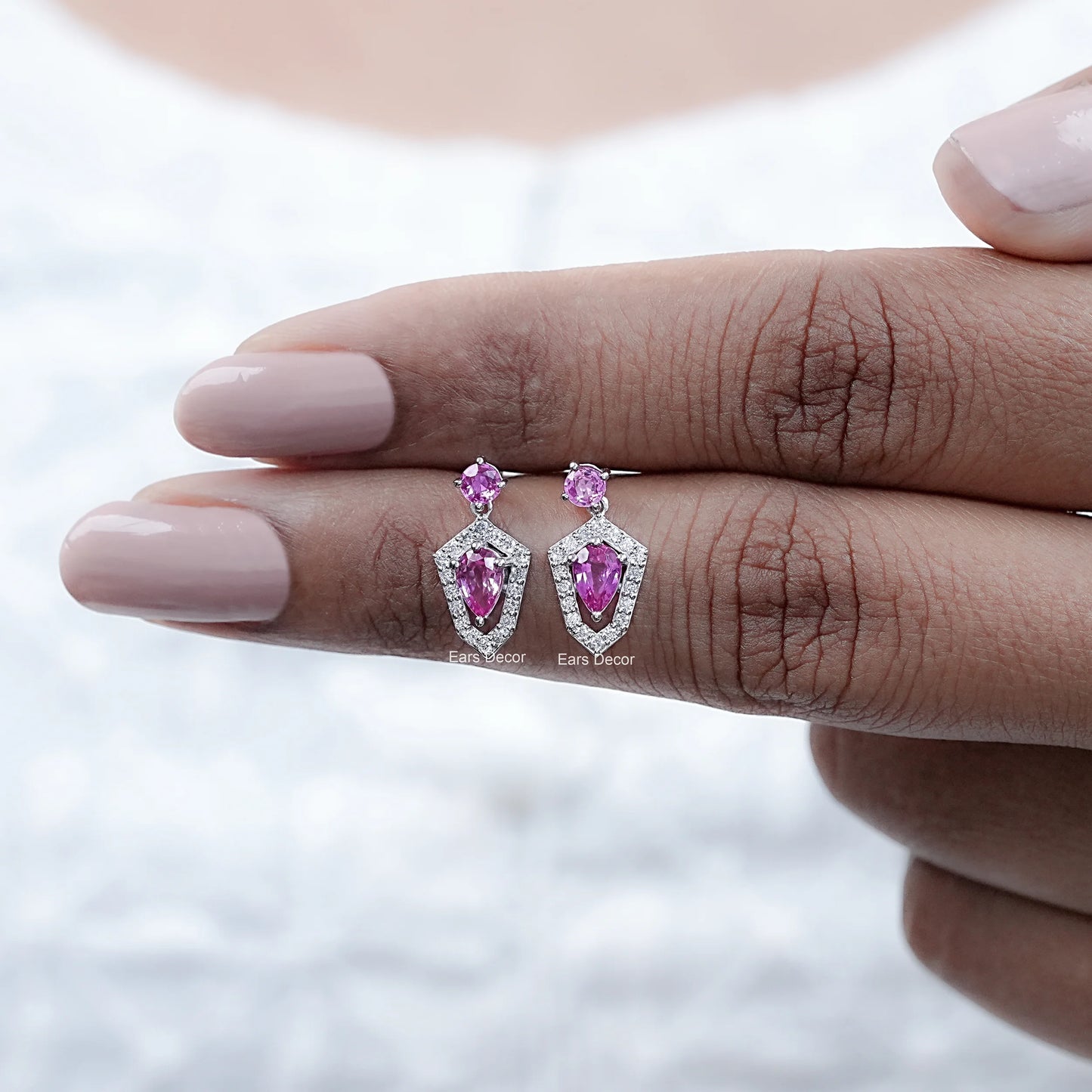 Pink Pear and Round Gemstone Halo Drop Dangle Earrings