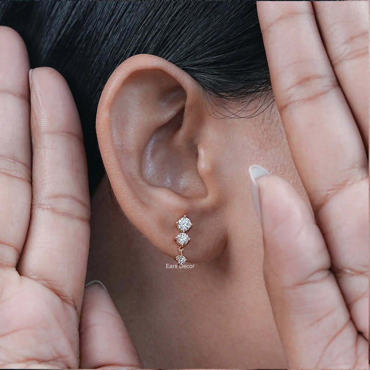 Three Stone Round Cut Drop Earrings