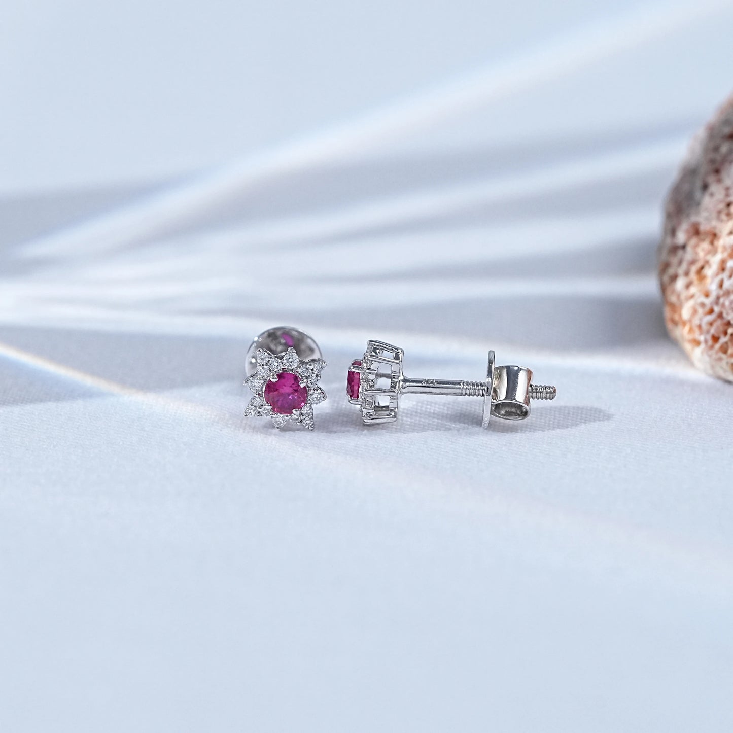 Ruby Round Lab Floral Halo Stud Earrings