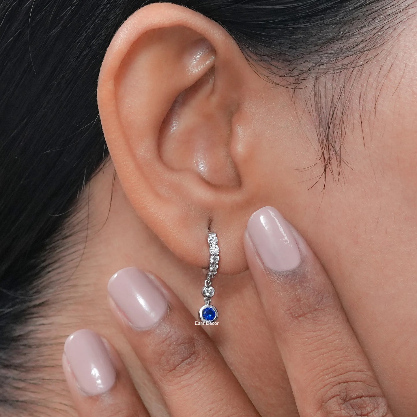 Bezel Set Sapphire Round Diamond Drop Huggie Earrings
