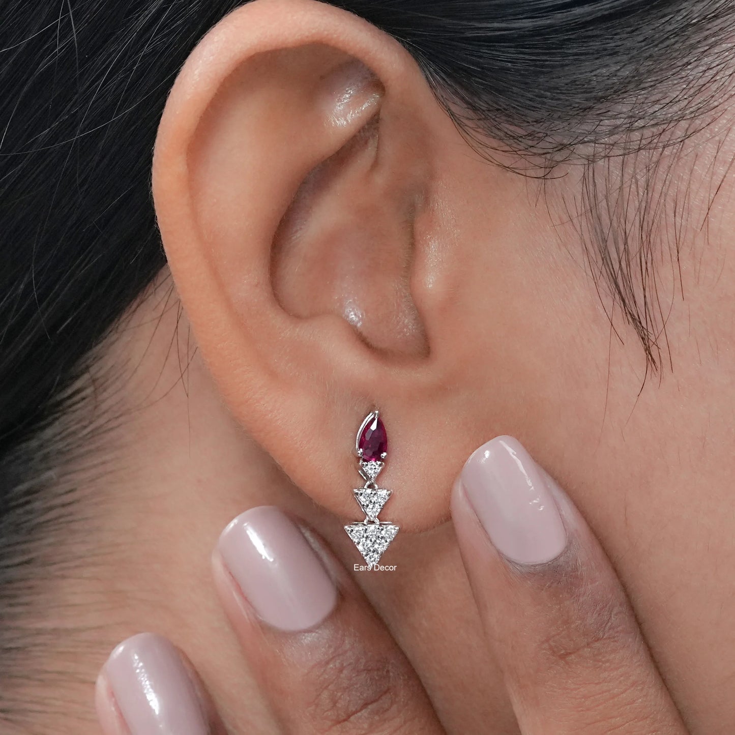 Ruby Pear And Triangle Round Diamond Drop Earring