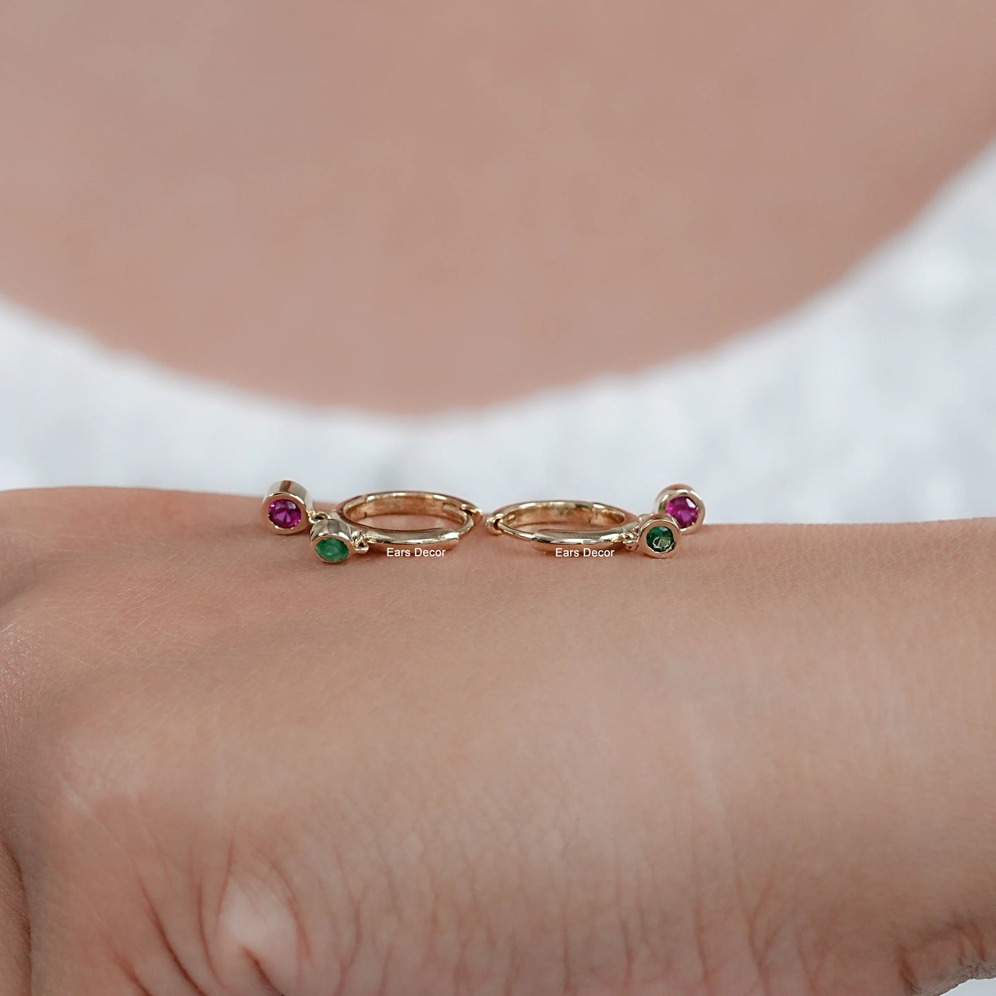 Ruby And Emerald Charm Huggie Hoop Earrings