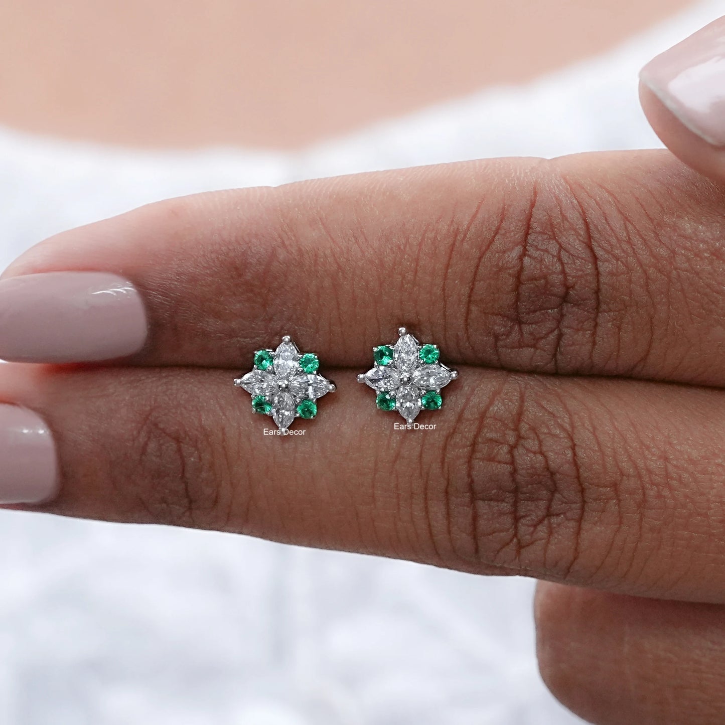 Green Round And Marquise Cut Diamond Floral Stud