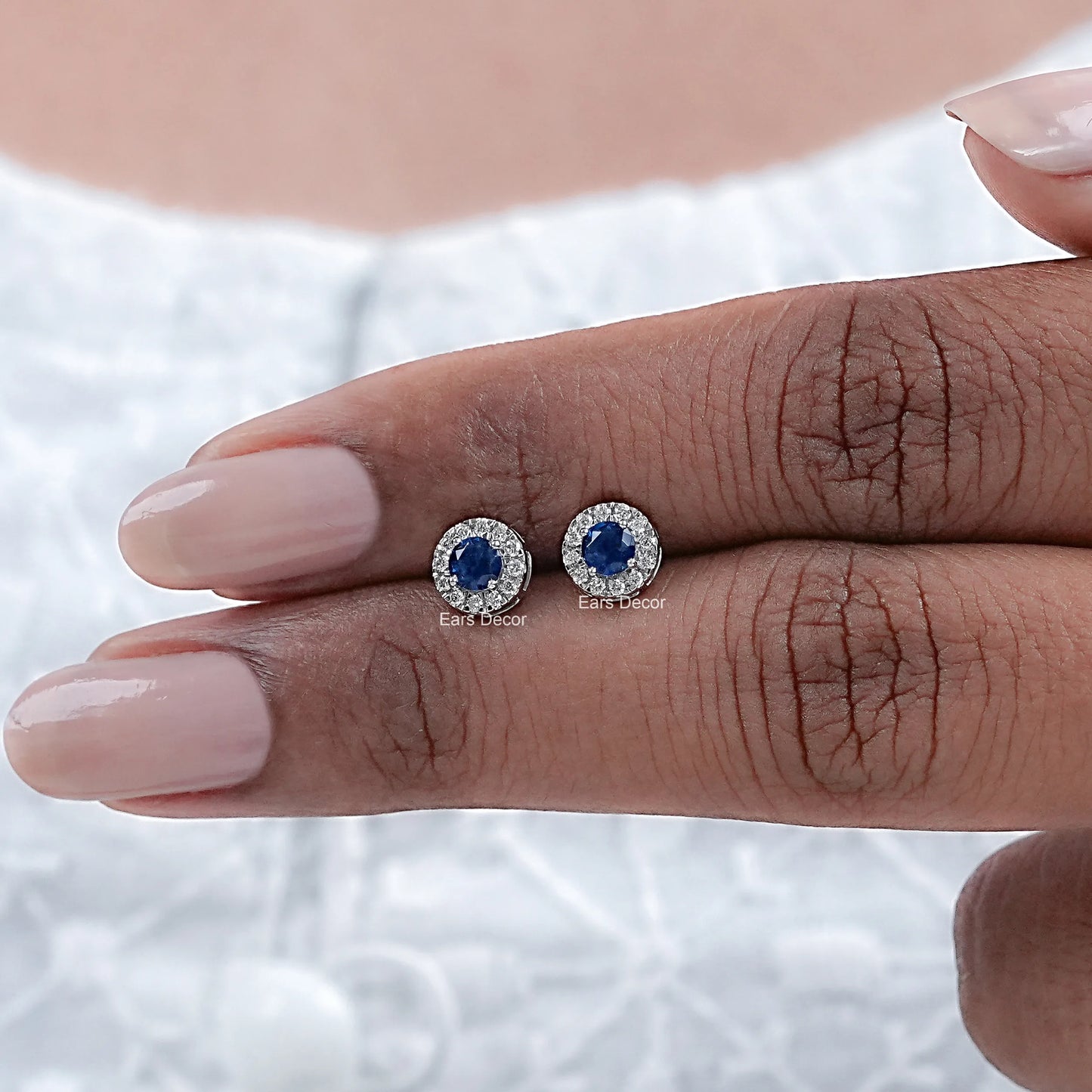 Sapphire Round Lab Diamond Halo Stud Earrings