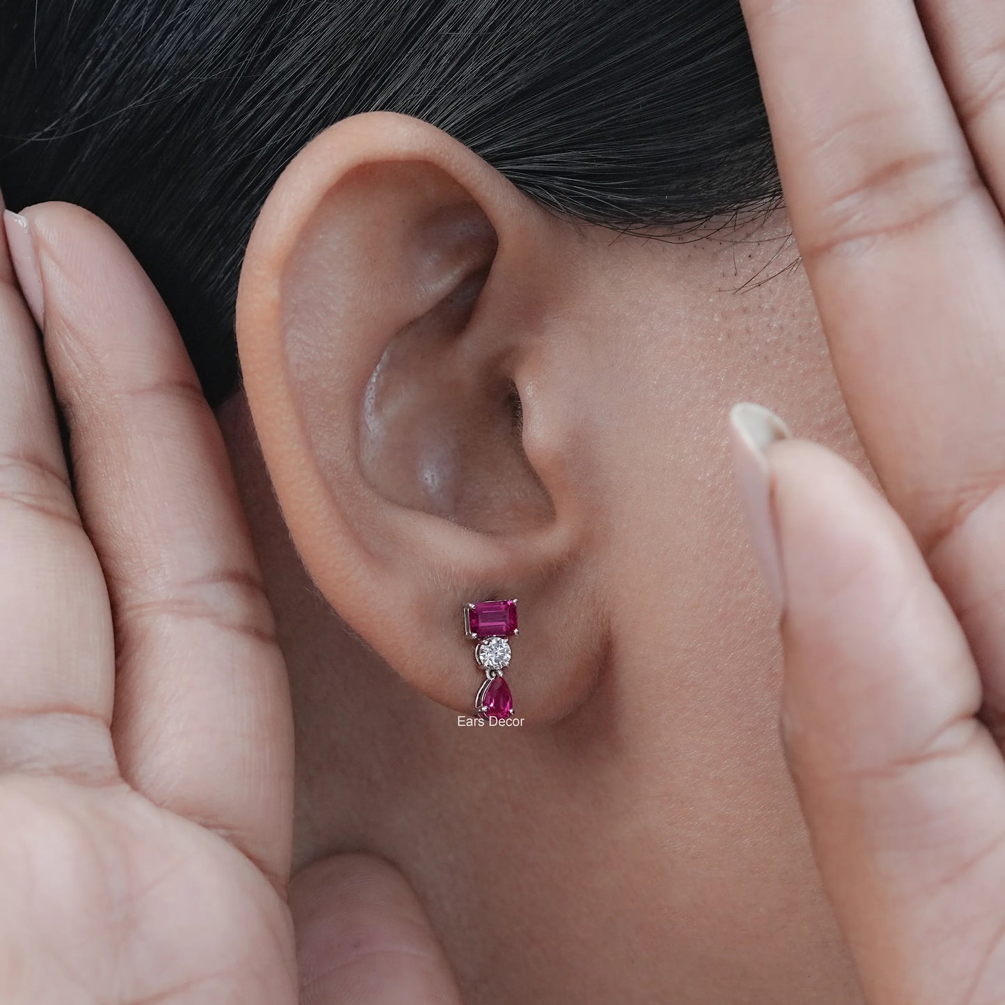 Ruby Emerald And Pear Gemstone Drop Earrings