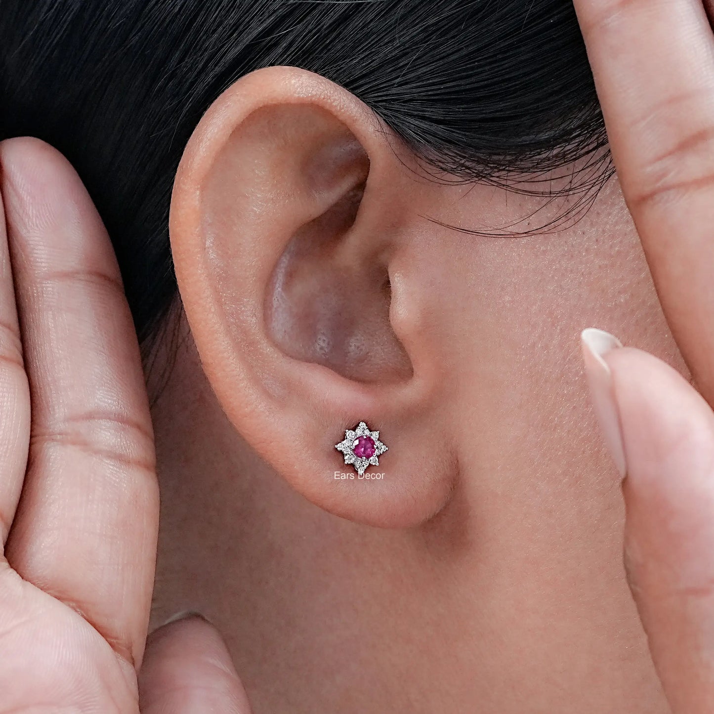 Ruby Round Lab Floral Halo Stud Earrings
