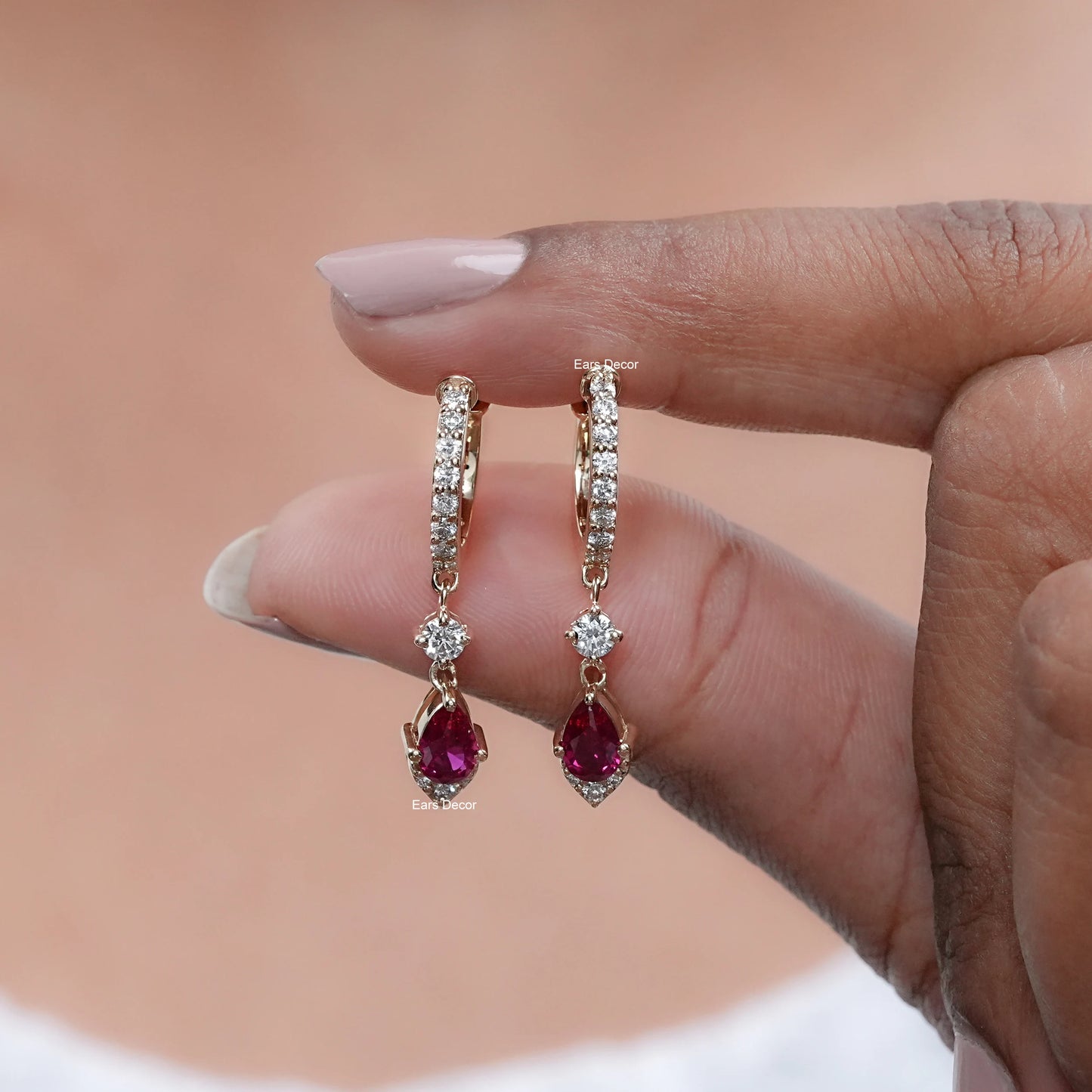 Pear Cut Ruby Gemstone Dangle Hoop Earrings
