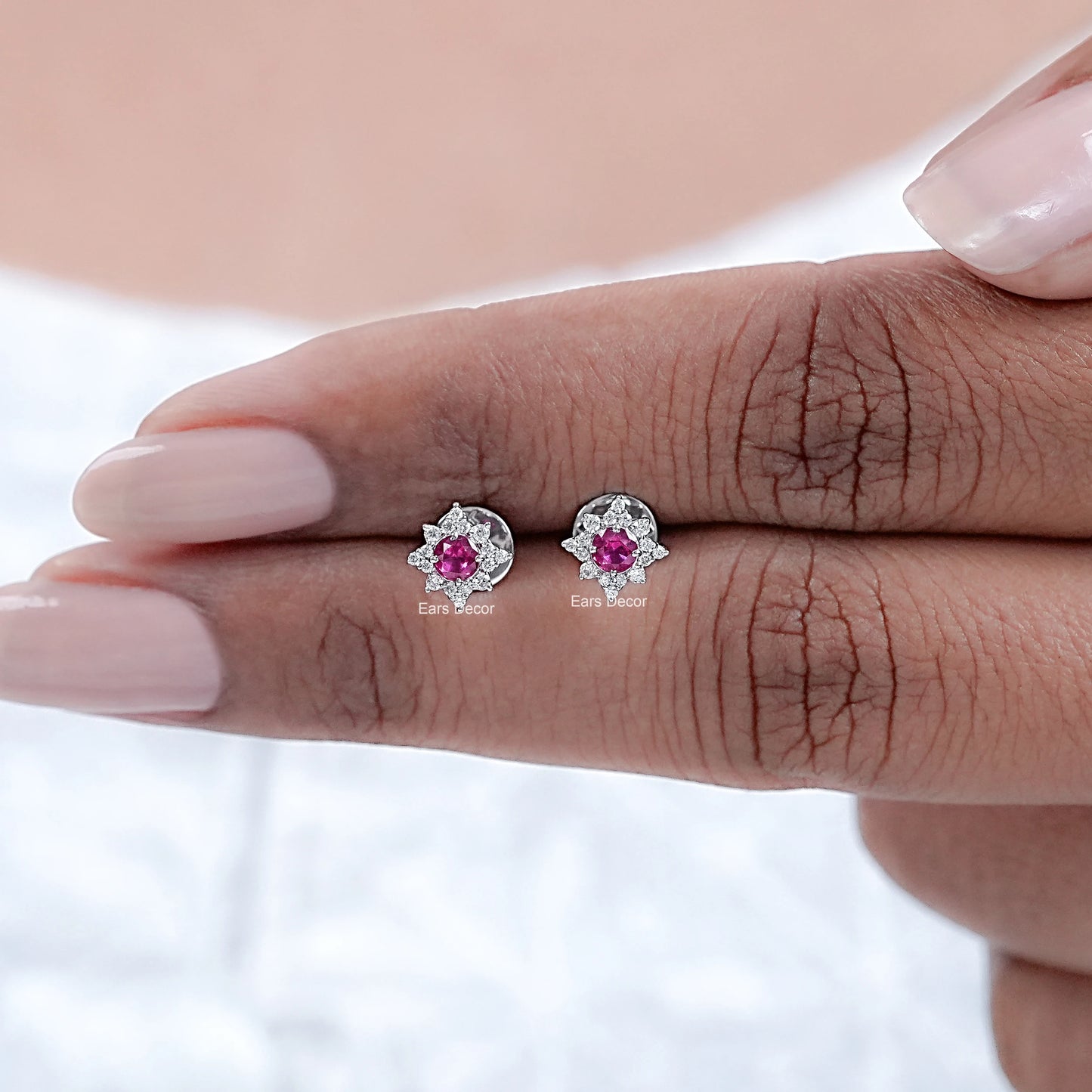 Ruby Round Lab Floral Halo Stud Earrings