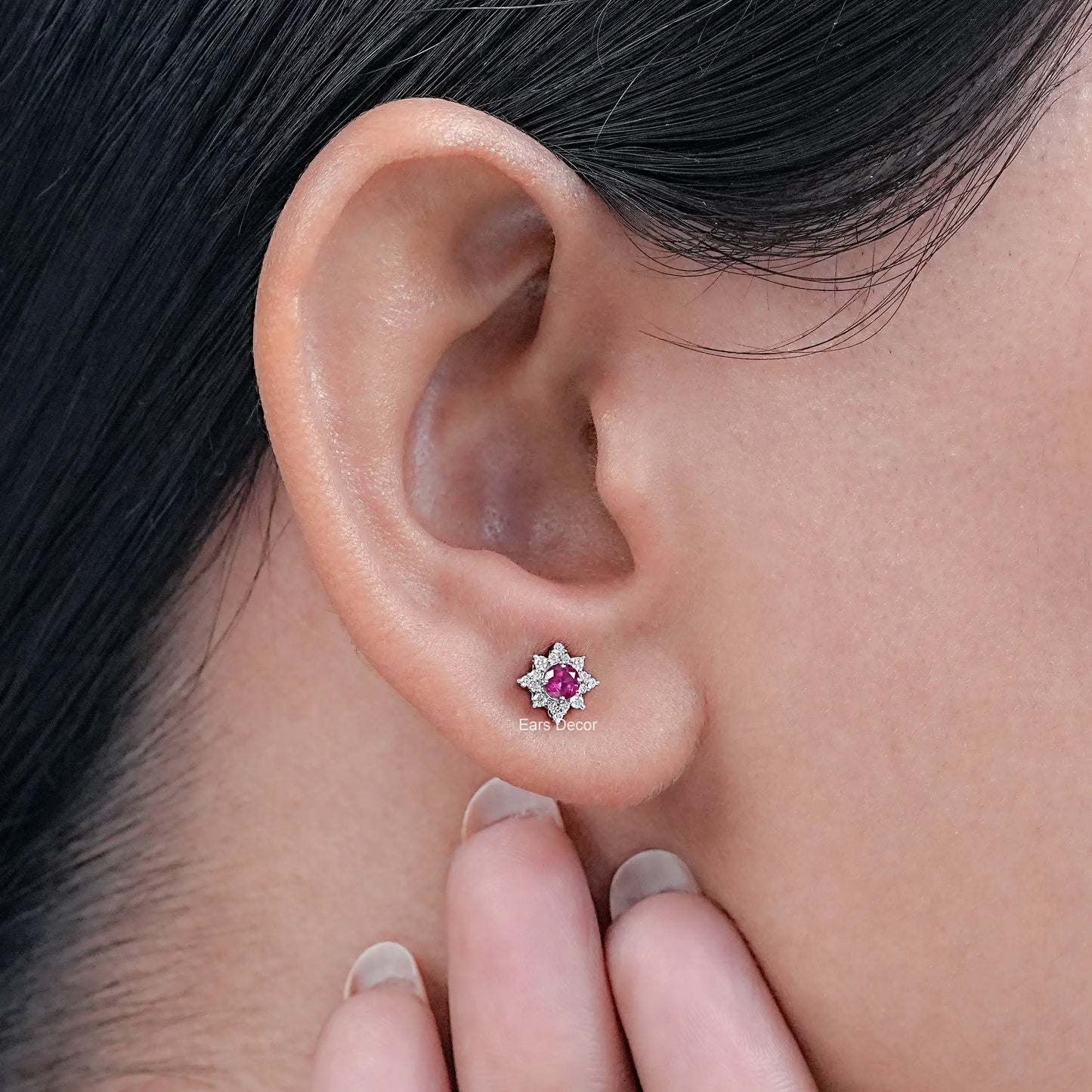 Ruby Round Lab Floral Halo Stud Earrings