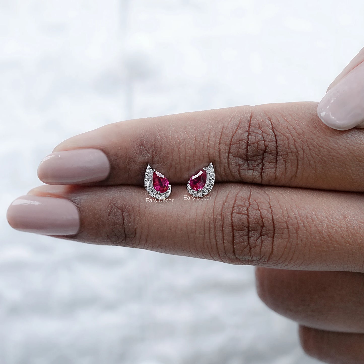 Ruby Pear And Half Halo Round Diamond Stud Earrings