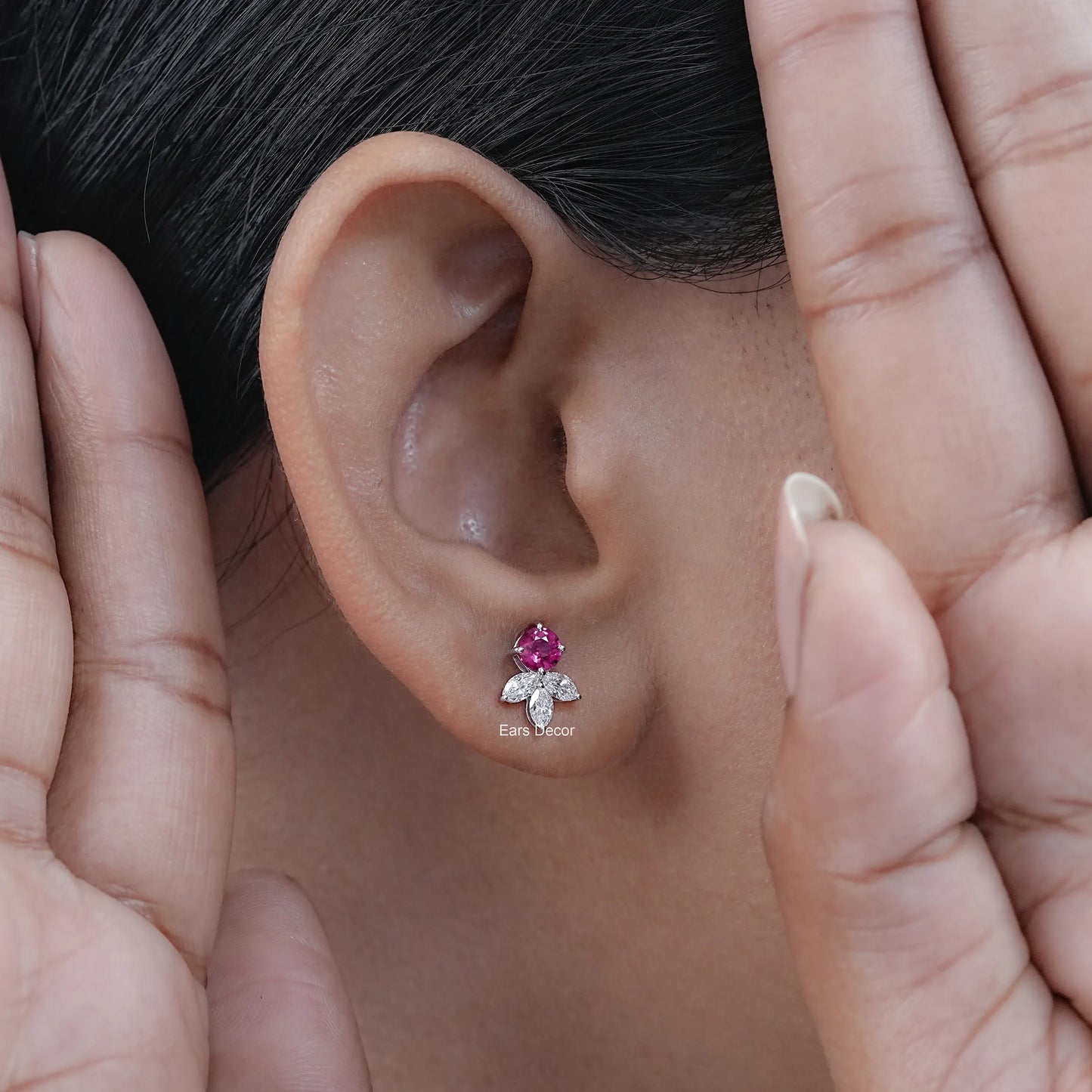 Ruby Round And Pear Diamond Stud Earrings