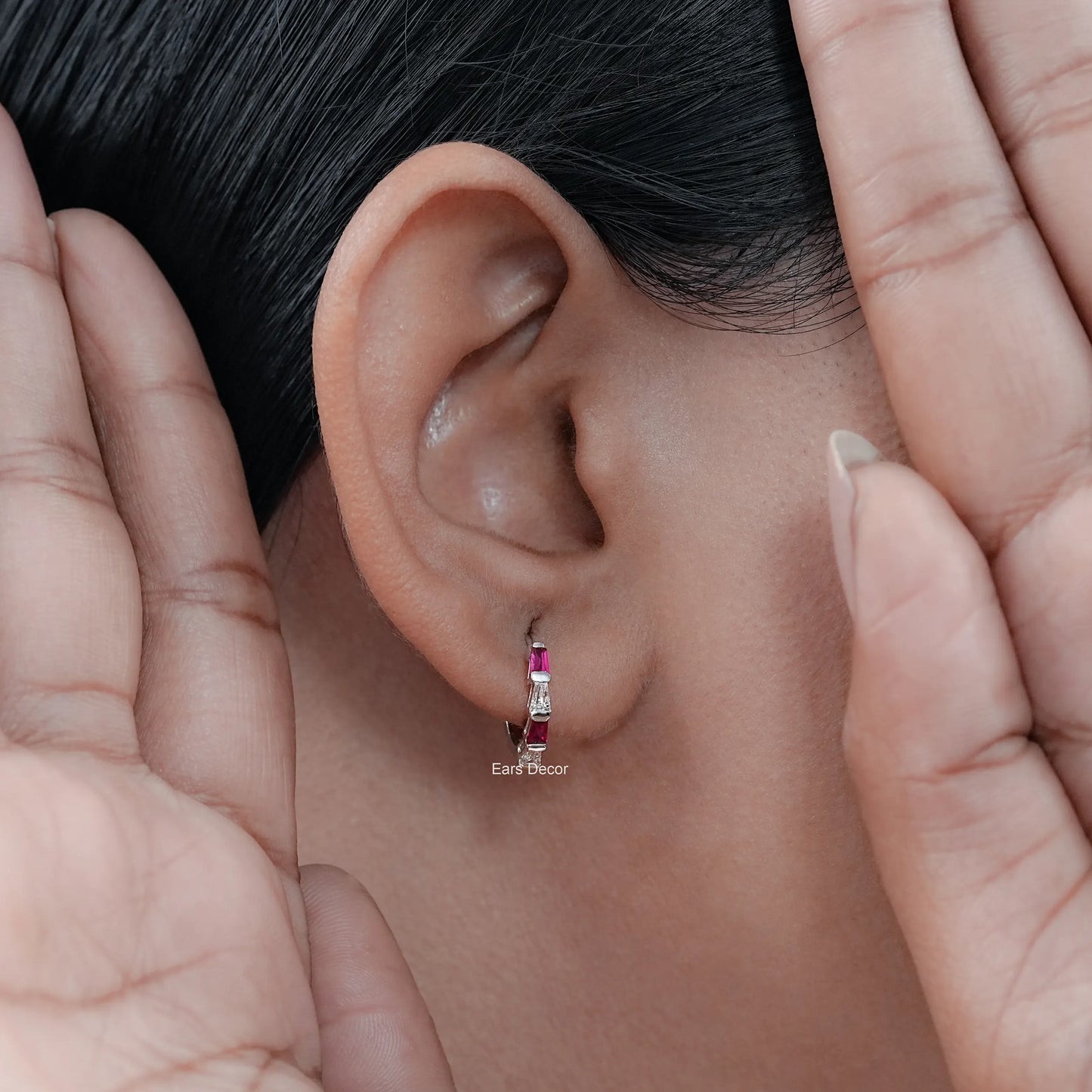 Ruby Tapered Baguette And Diamond Hoop Earrings