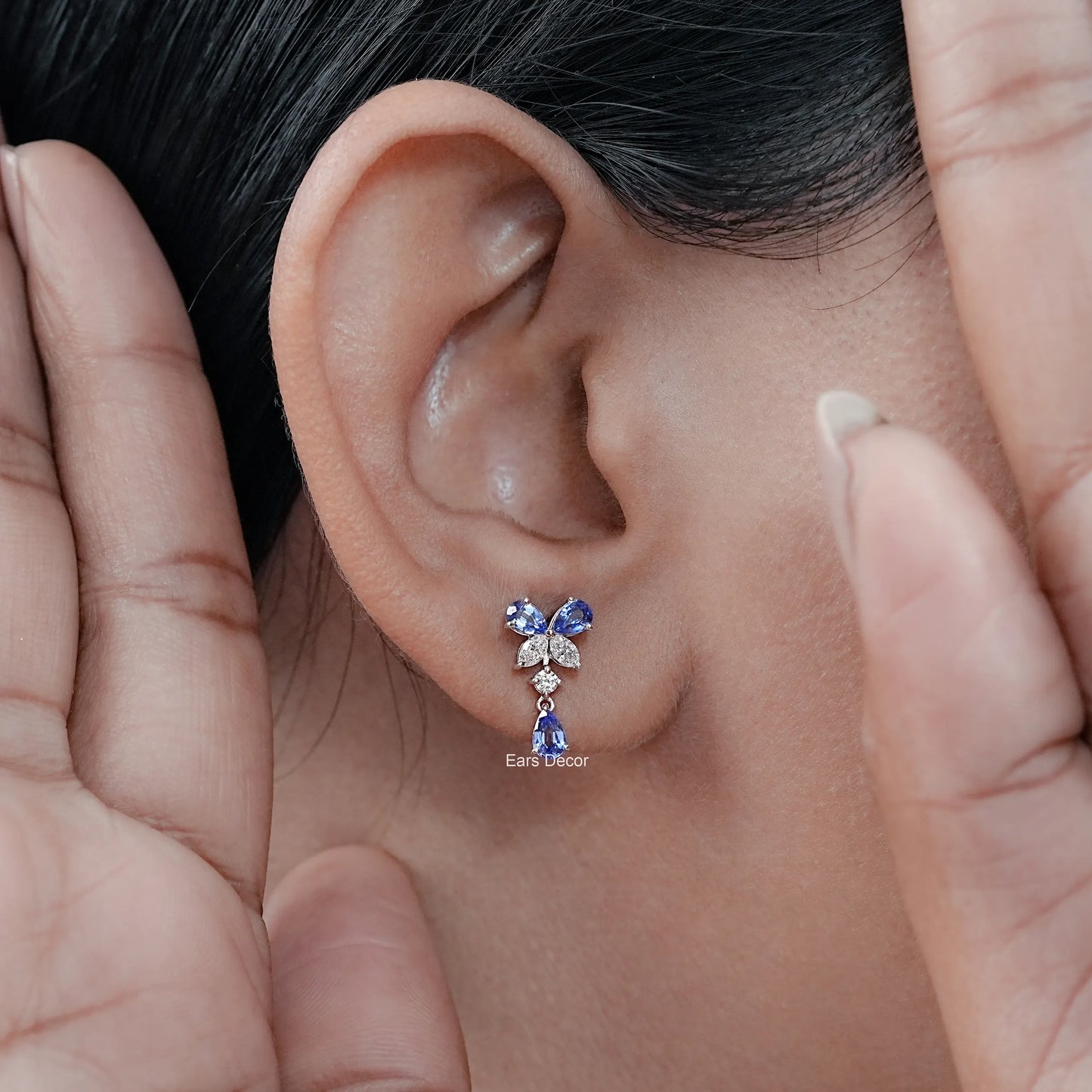 Sapphire Pear And Lab Diamond Dangle Earrings