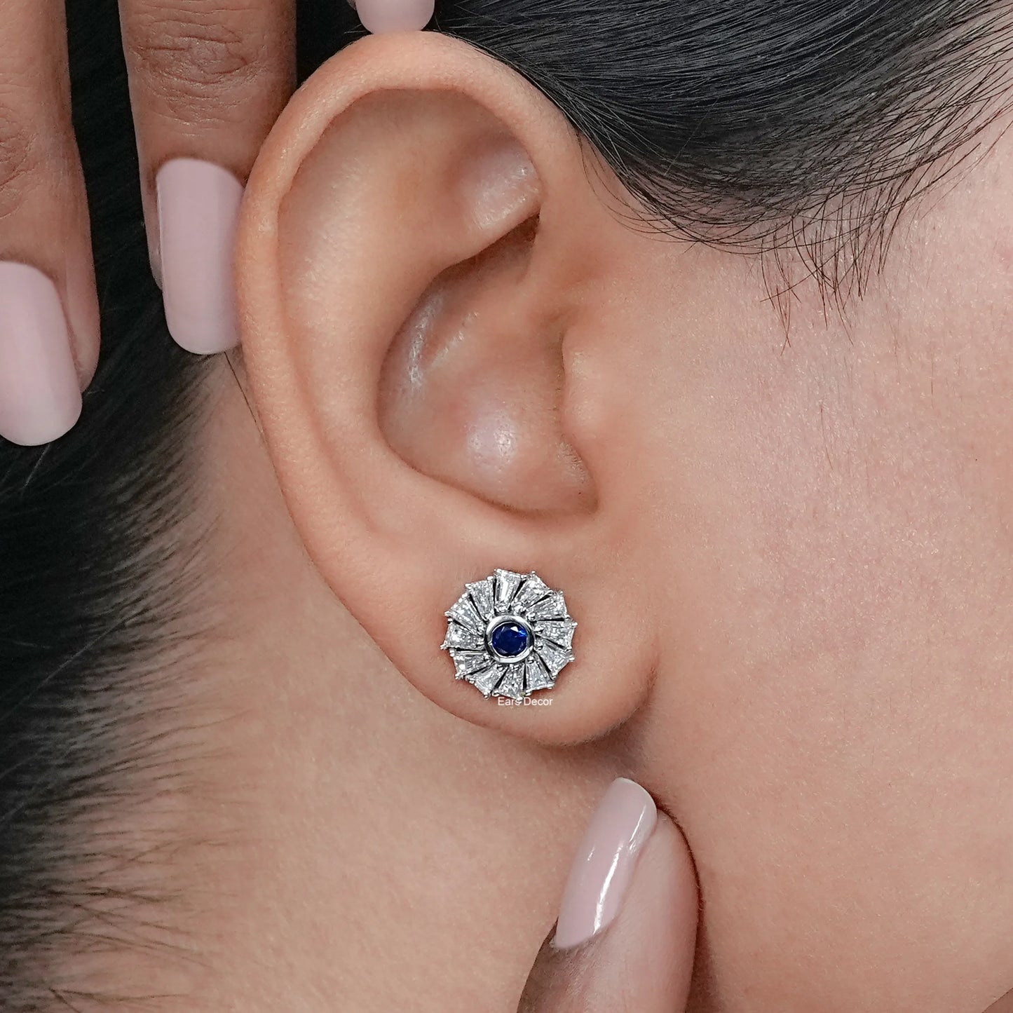 Sapphire Round And Tapered Baguette Halo Stud Earrings