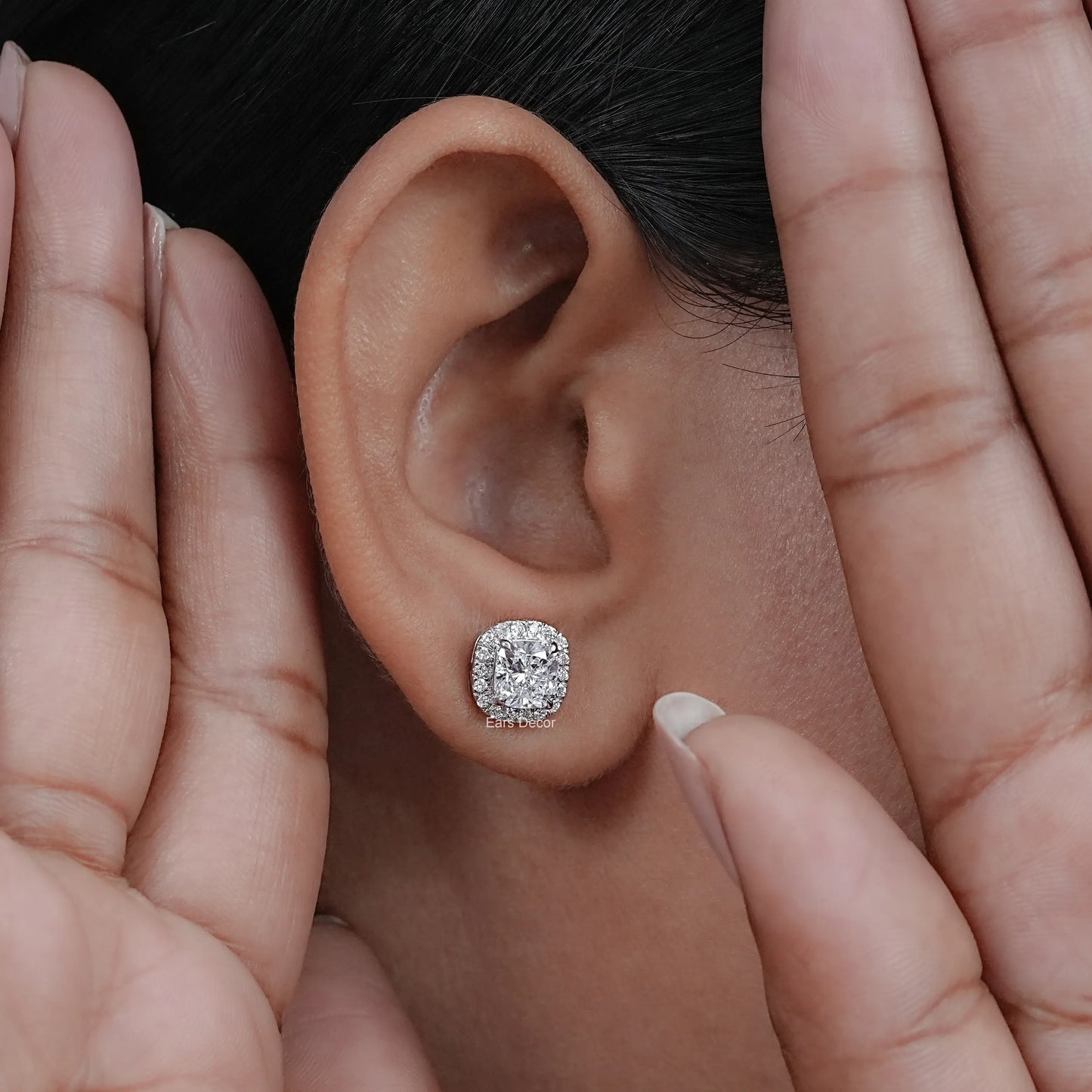 Lab Diamond Cushion Cut Halo Stud Earrings