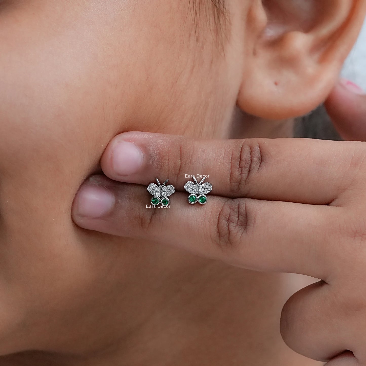 Bezel Set Green Gemstone Butterfly Stud Earrings