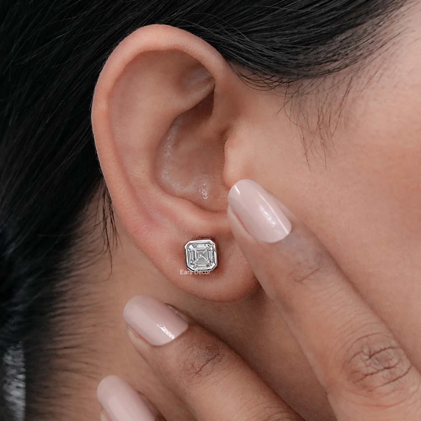 Colorless Asscher Cut Solitaire Bezel Set Stud Earrings