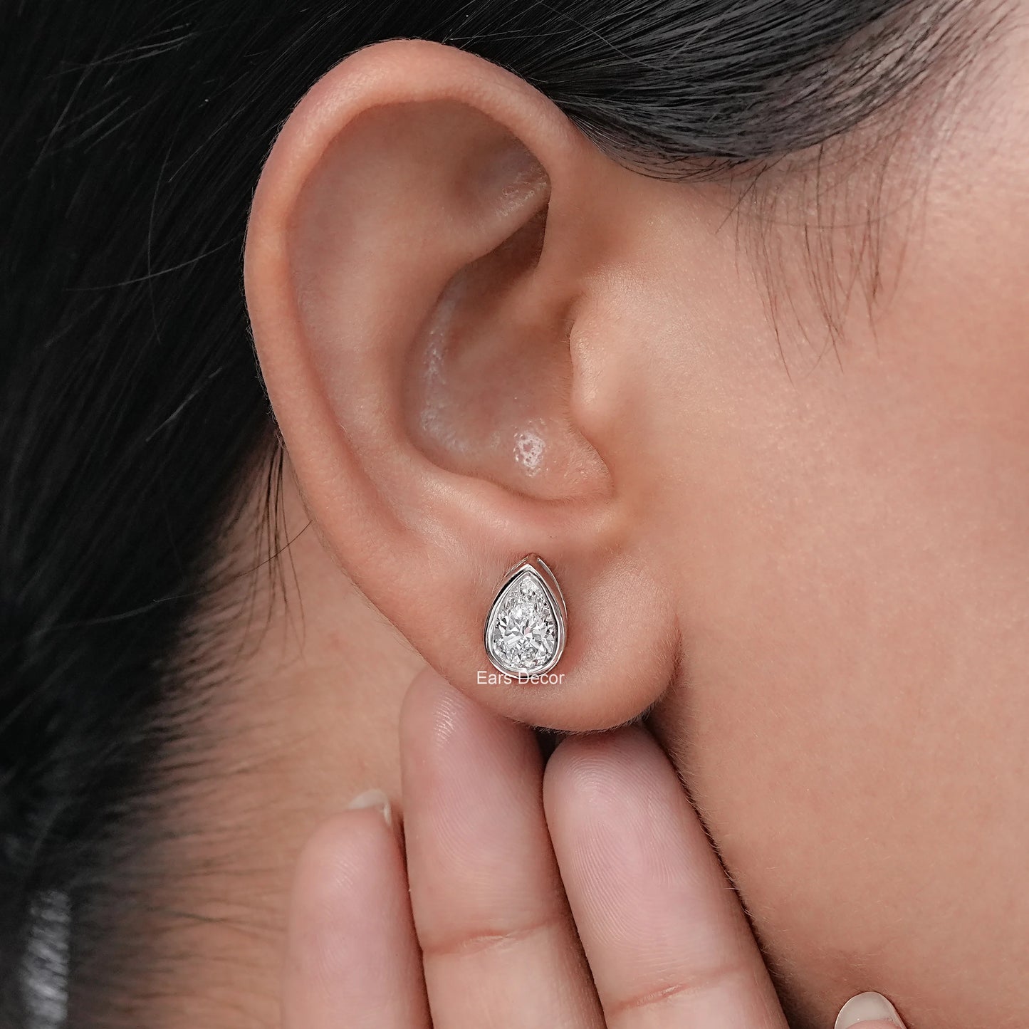 Moissanite Pear Cut Bezel Set Solitaire Stud