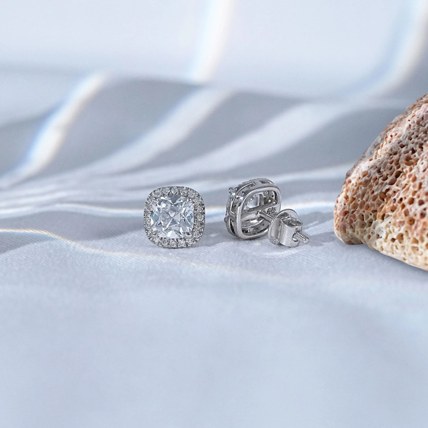 Square Old Mine Cushion Cut Lab Diamond Halo Stud Earrings