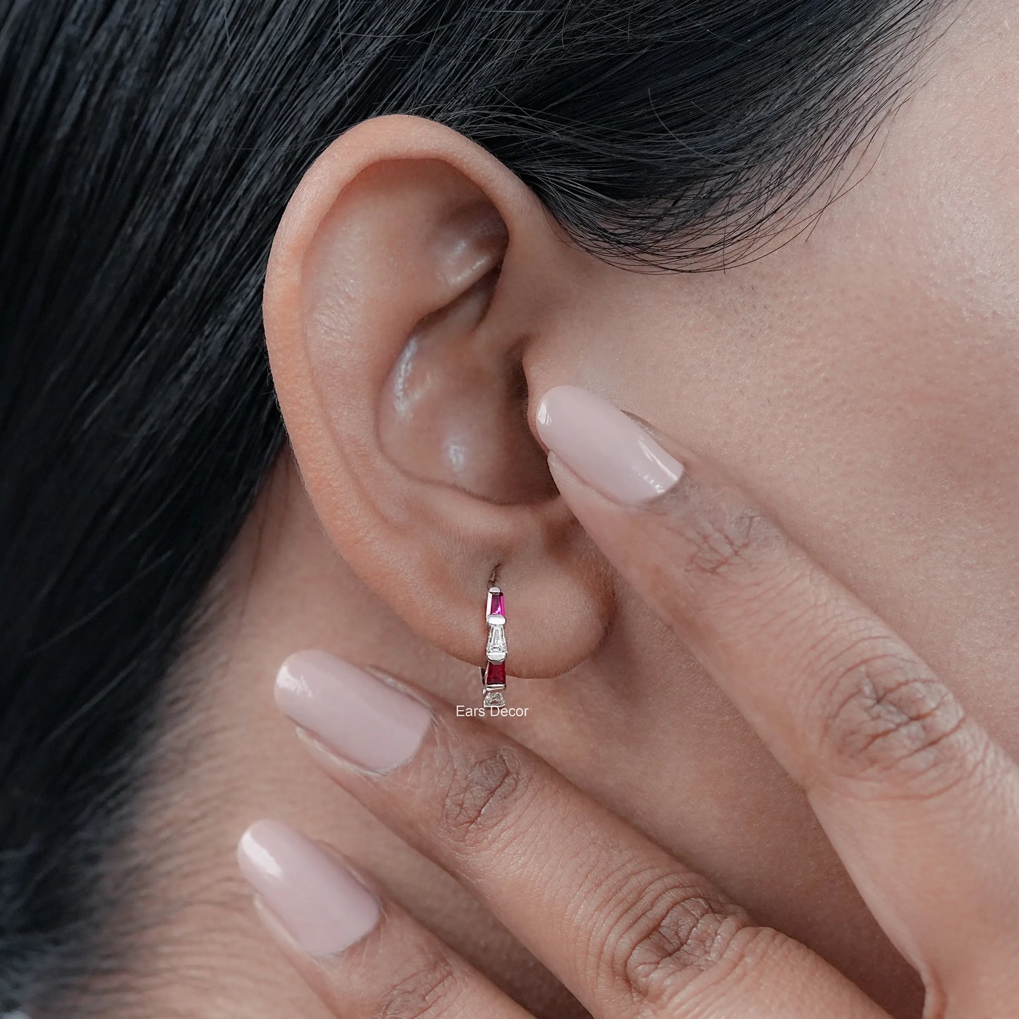 Ruby Tapered Baguette And Diamond Hoop Earrings